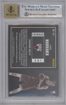 Lauri Markkanen from the 2017-18 Panini Contenders set featuring a Playoff Ticket  parallel graded by Beckett and given an overall grade of 9.