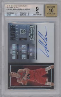 Lauri Markkanen from the 2017-18 Panini Contenders set featuring a Playoff Ticket  parallel graded by Beckett and given an overall grade of 9.