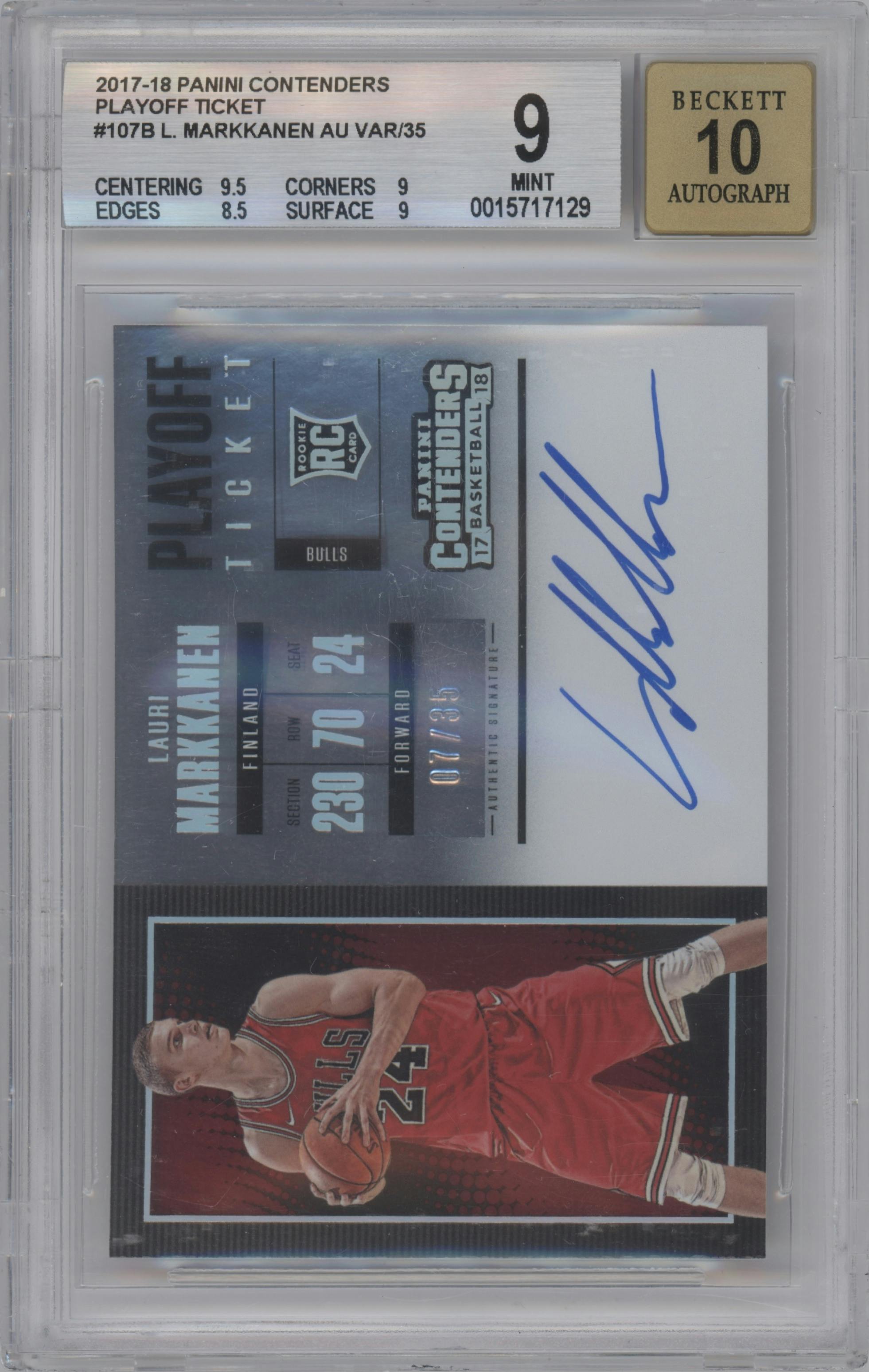 Lauri Markkanen from the 2017-18 Panini Contenders set featuring a Playoff Ticket  parallel graded by Beckett and given an overall grade of 9.