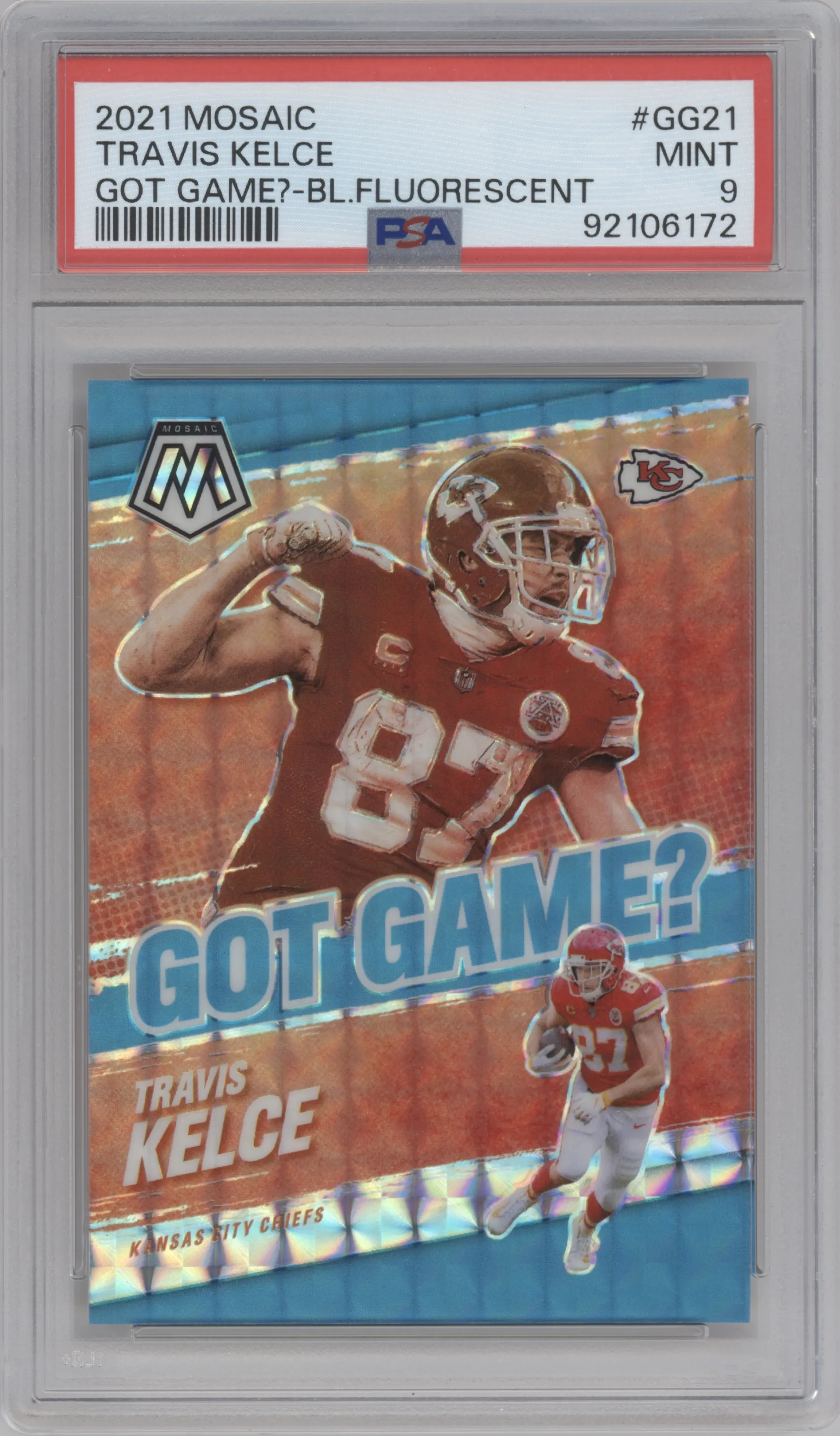 Travis Kelce from the 2021 Panini Mosaic set featuring a Blue Fluorescent parallel graded by PSA and given an overall grade of 9.