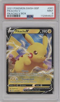 Pikachu V from the 2021 Pokemon SWSH set featuring a Pikachu V Box parallel graded by PSA and given an overall grade of 9.