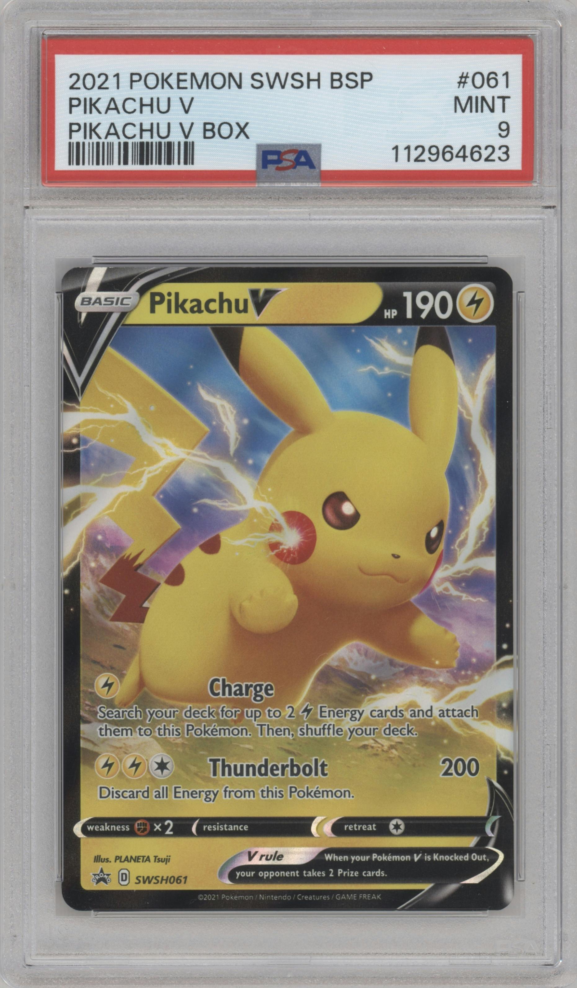 Pikachu V from the 2021 Pokemon SWSH set featuring a Pikachu V Box parallel graded by PSA and given an overall grade of 9.