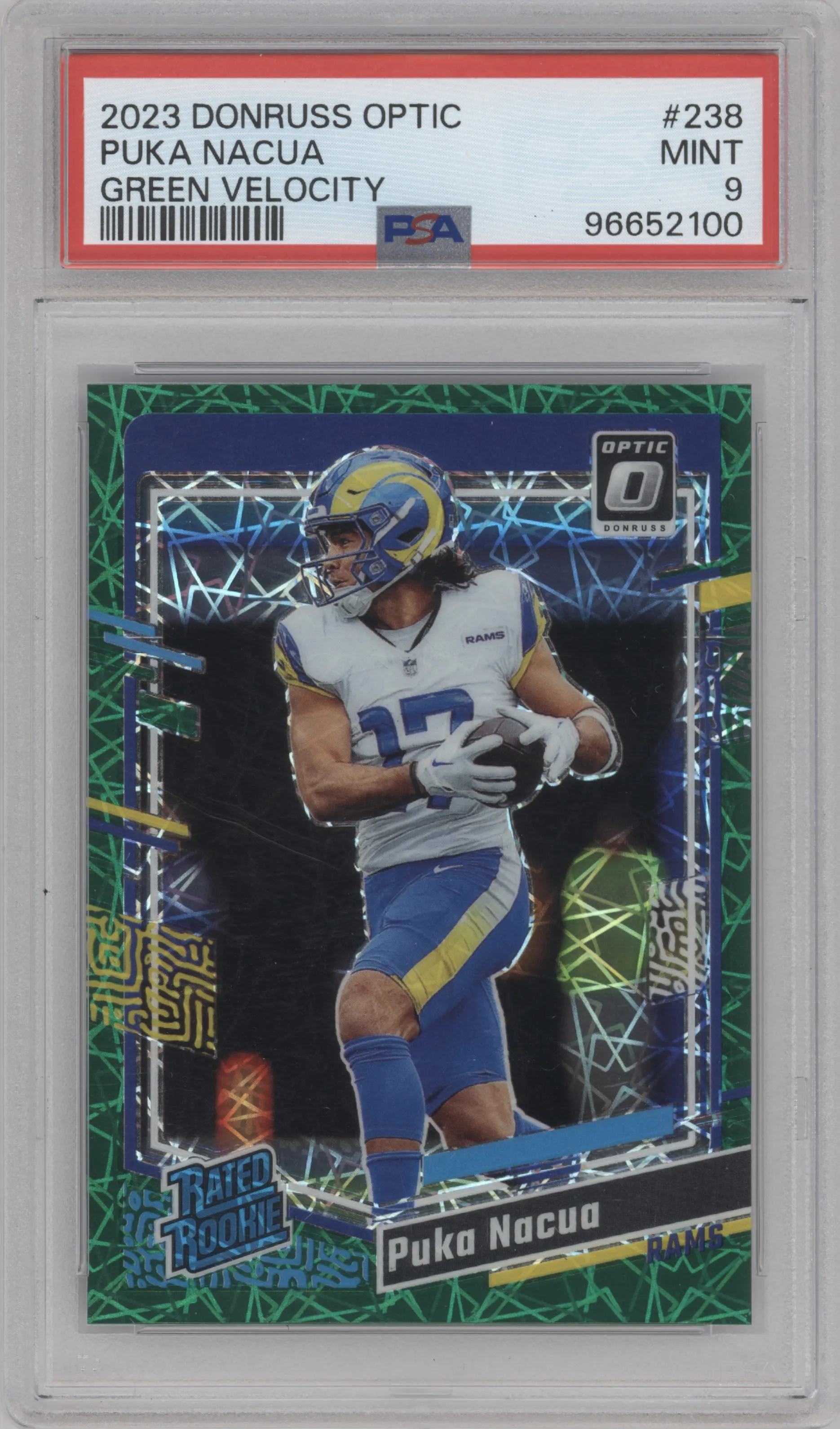 Puka Nacua from the 2023 Donruss Optic set featuring a Green Velocity parallel graded by PSA and given an overall grade of 9.