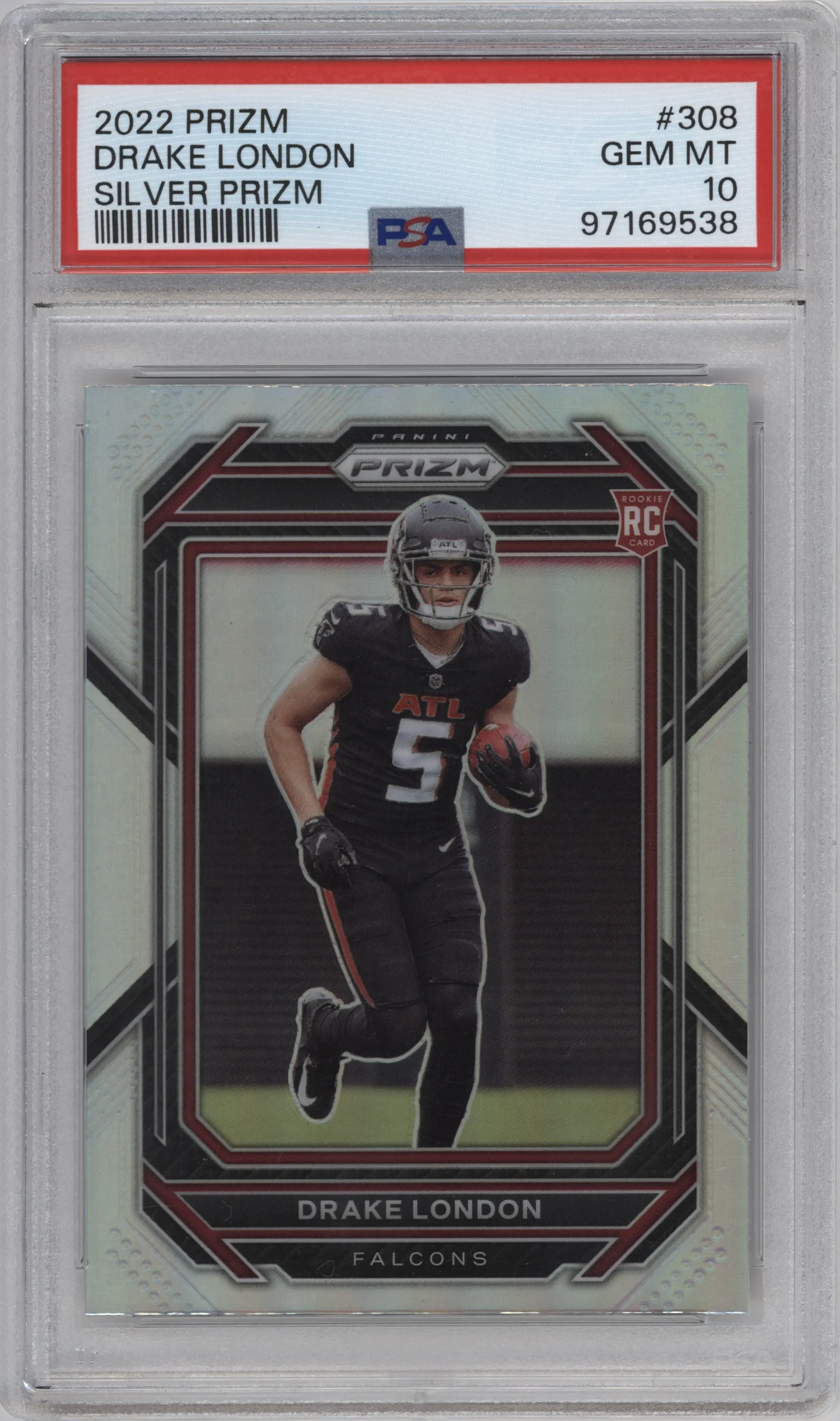 Drake London from the 2022 Panini Prizm set featuring a Silver Prizm parallel graded by PSA and given an overall grade of 10.