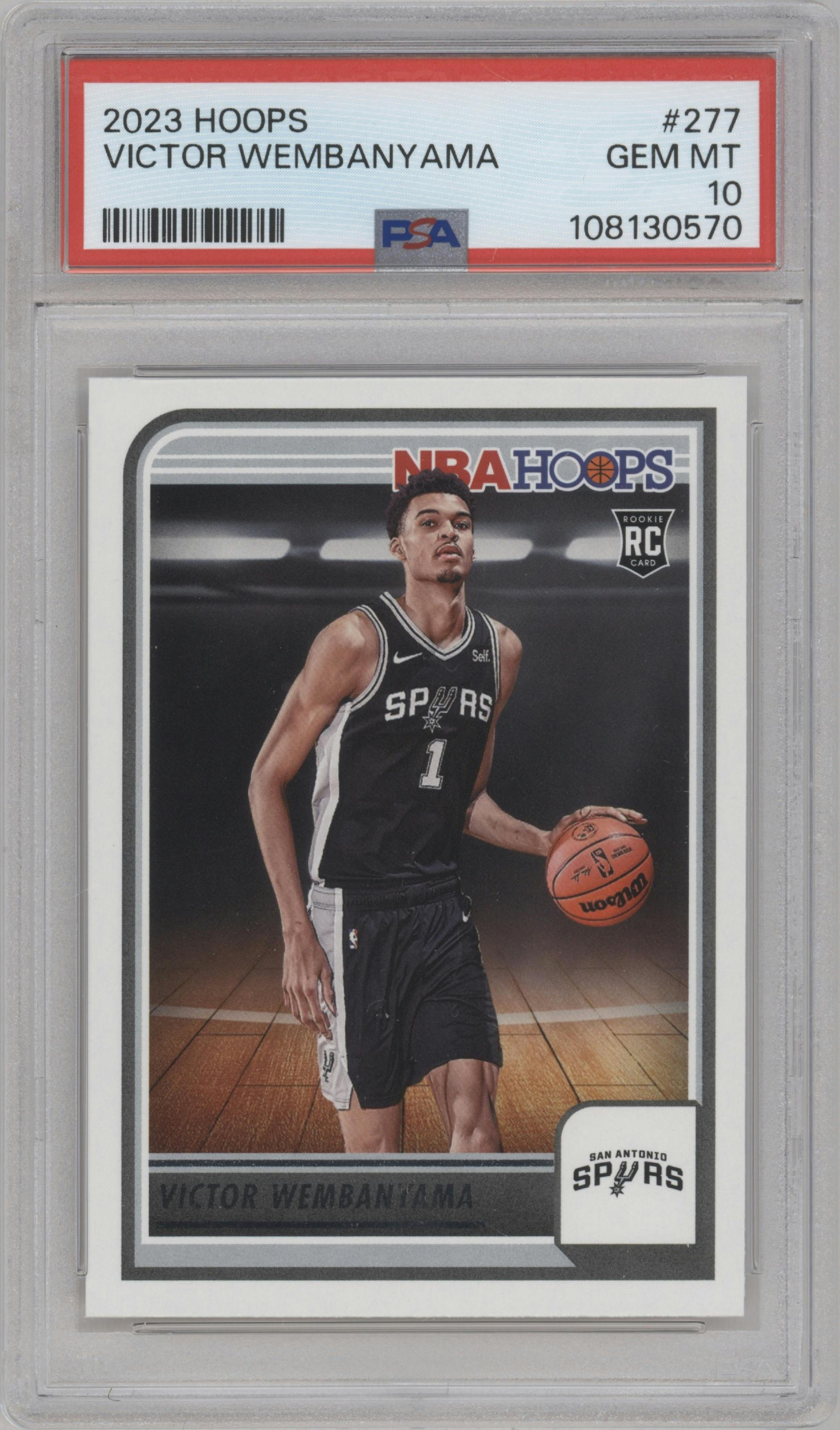 Victor Wembanyama from the 2023-24 Panini NBA Hoops set graded by PSA and given an overall grade of 10.