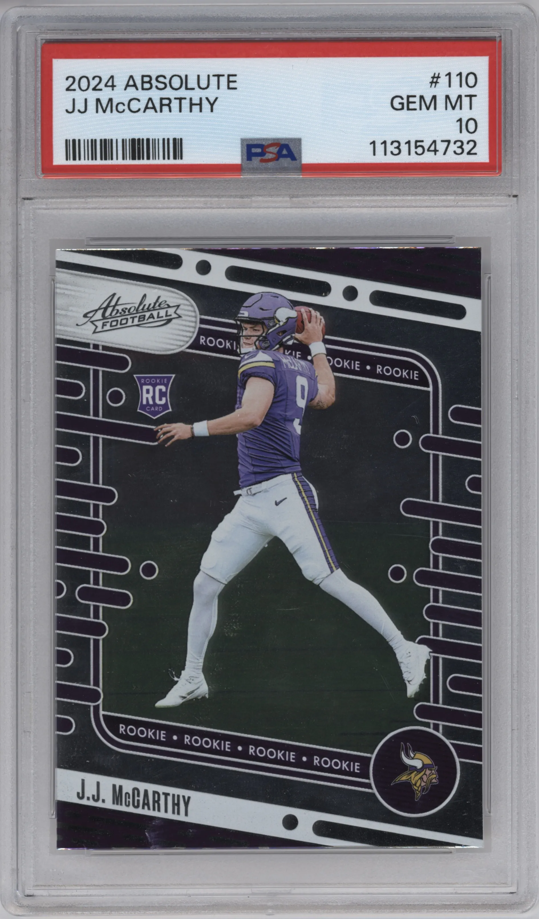 J.J. McCarthy from the 2024 Panini Absolute set graded by PSA and given an overall grade of 10.