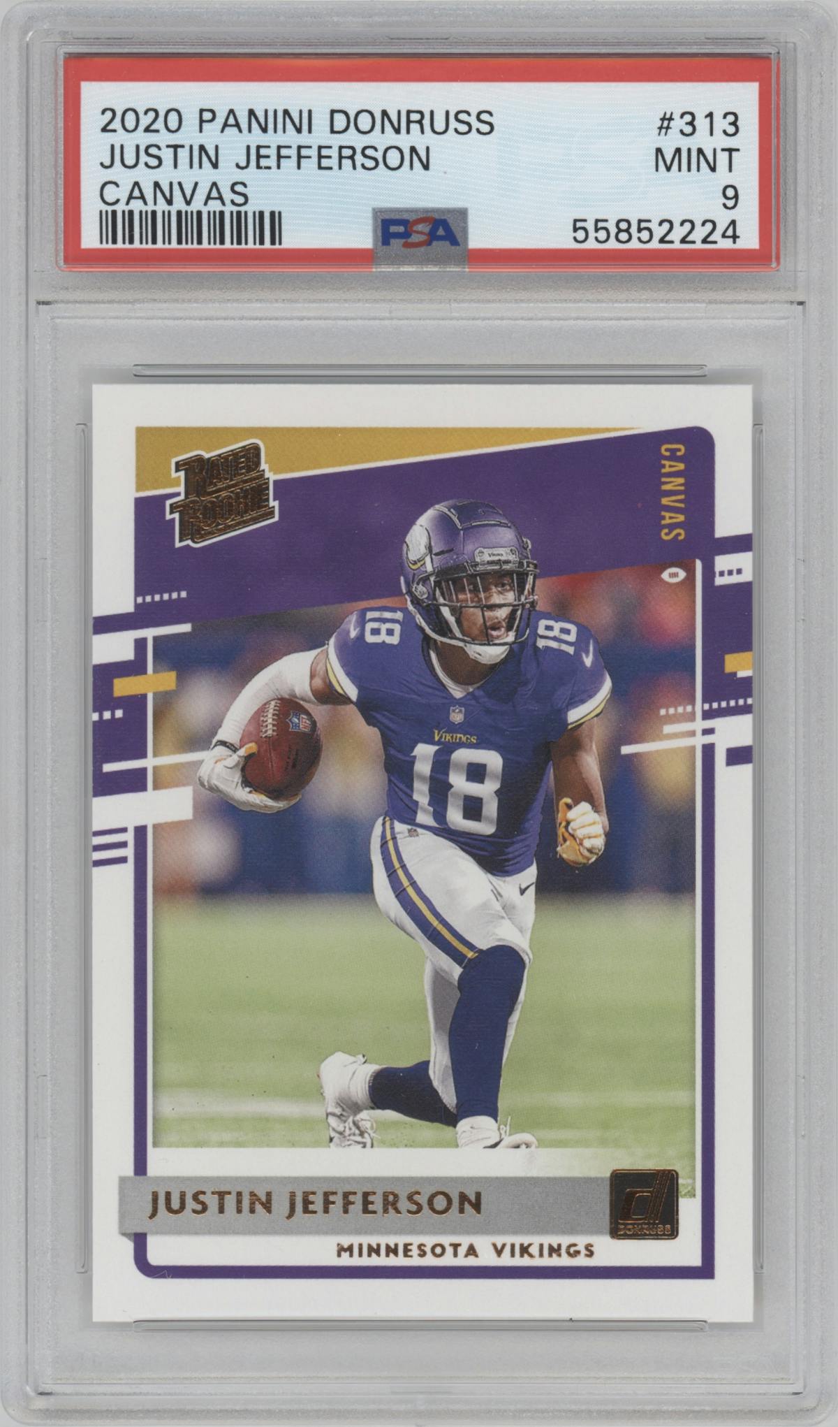 Justin Jefferson from the 2020 Panini Donruss set featuring a Canvas parallel graded by PSA and given an overall grade of 9.