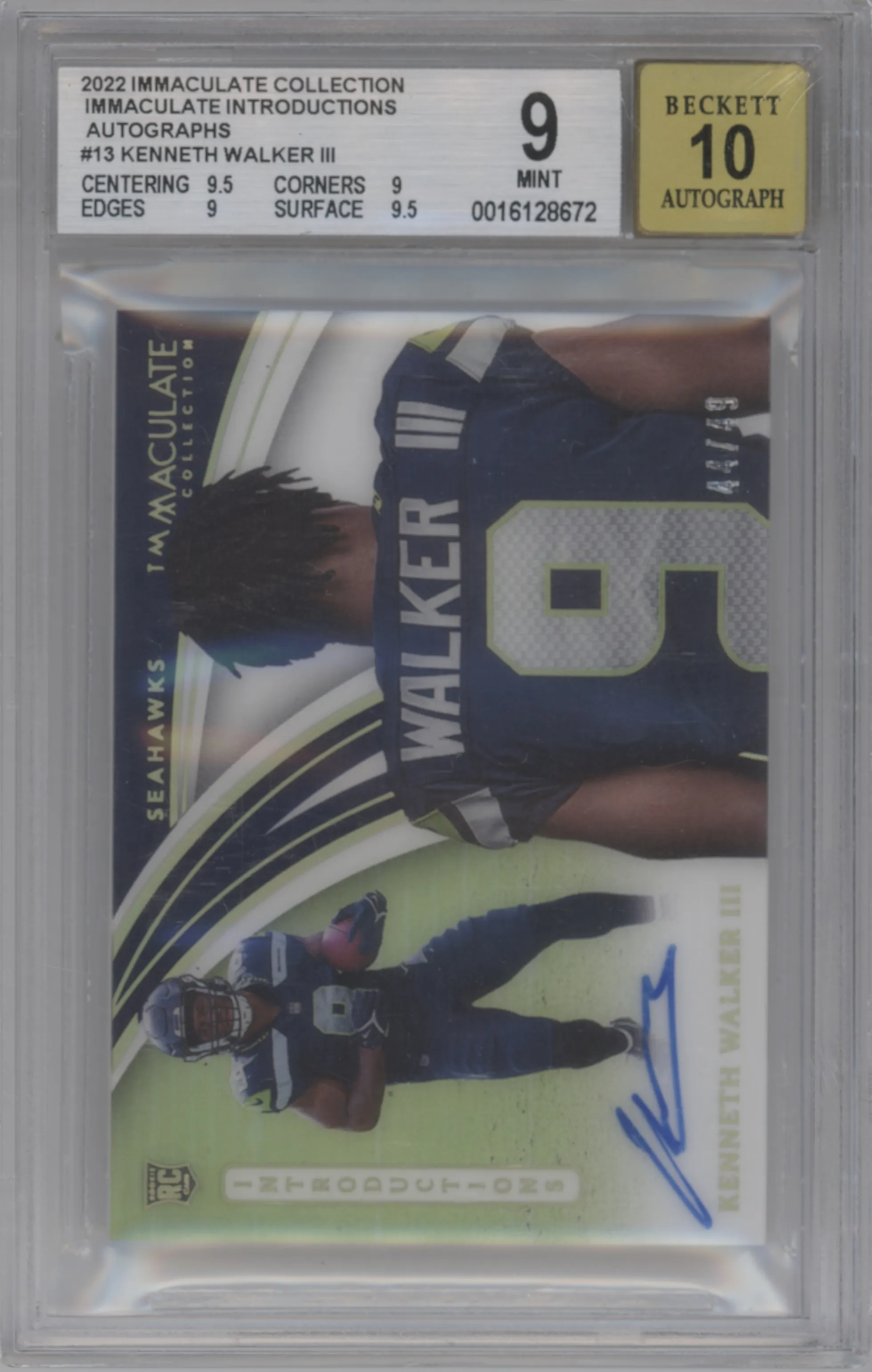 Kenneth Walker III from the 2022 Panini Immaculate Collection set graded by Beckett and given an overall grade of 9.