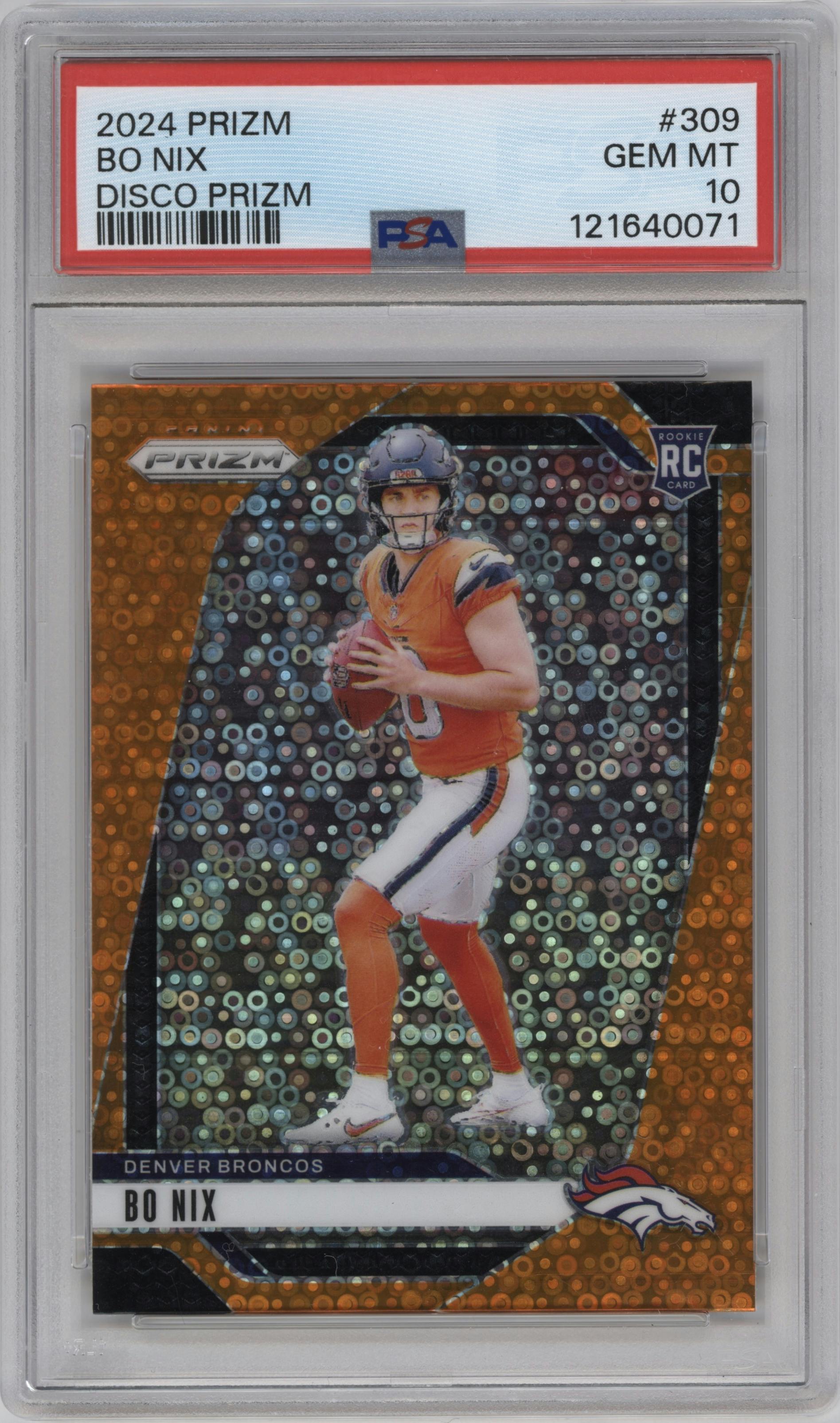 Bo Nix from the 2024 Panini Prizm set featuring a Disco parallel graded by PSA and given an overall grade of 10.