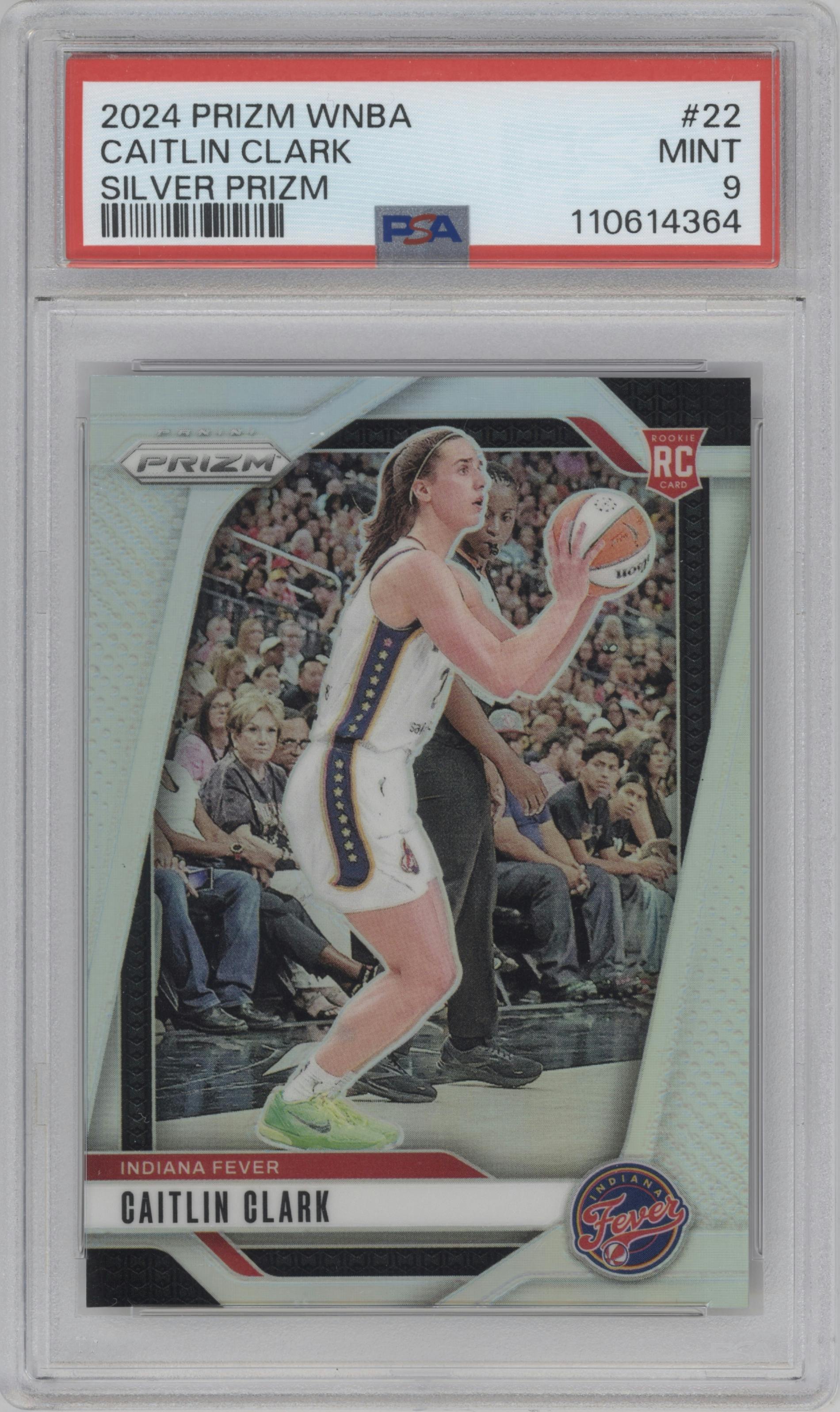 Caitlin Clark from the 2024 Panini Prizm WNBA set featuring a Silver Prizm parallel graded by PSA and given an overall grade of 9.