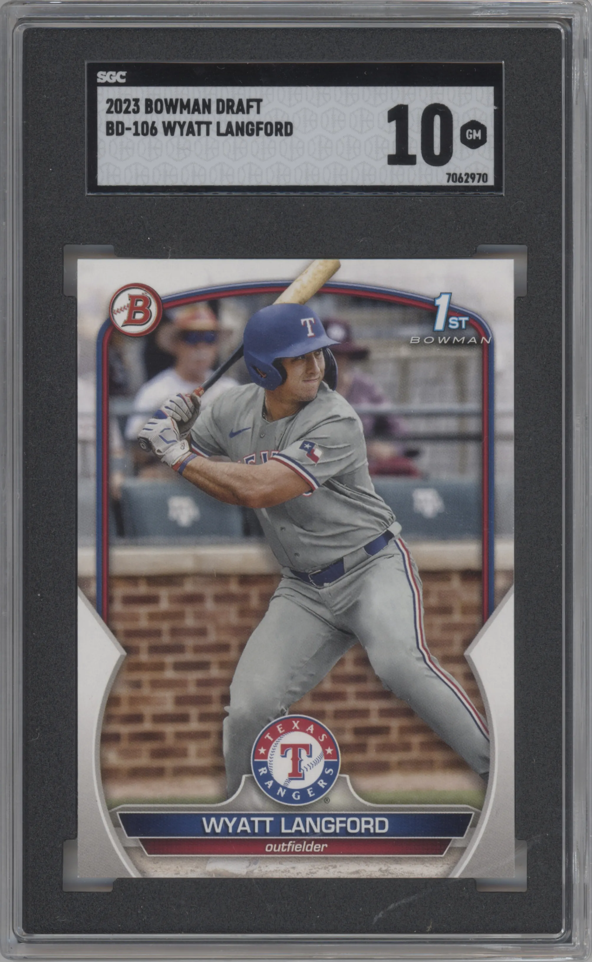 Wyatt Langford from the 2023 Bowman Draft set graded by SGC and given an overall grade of 10.