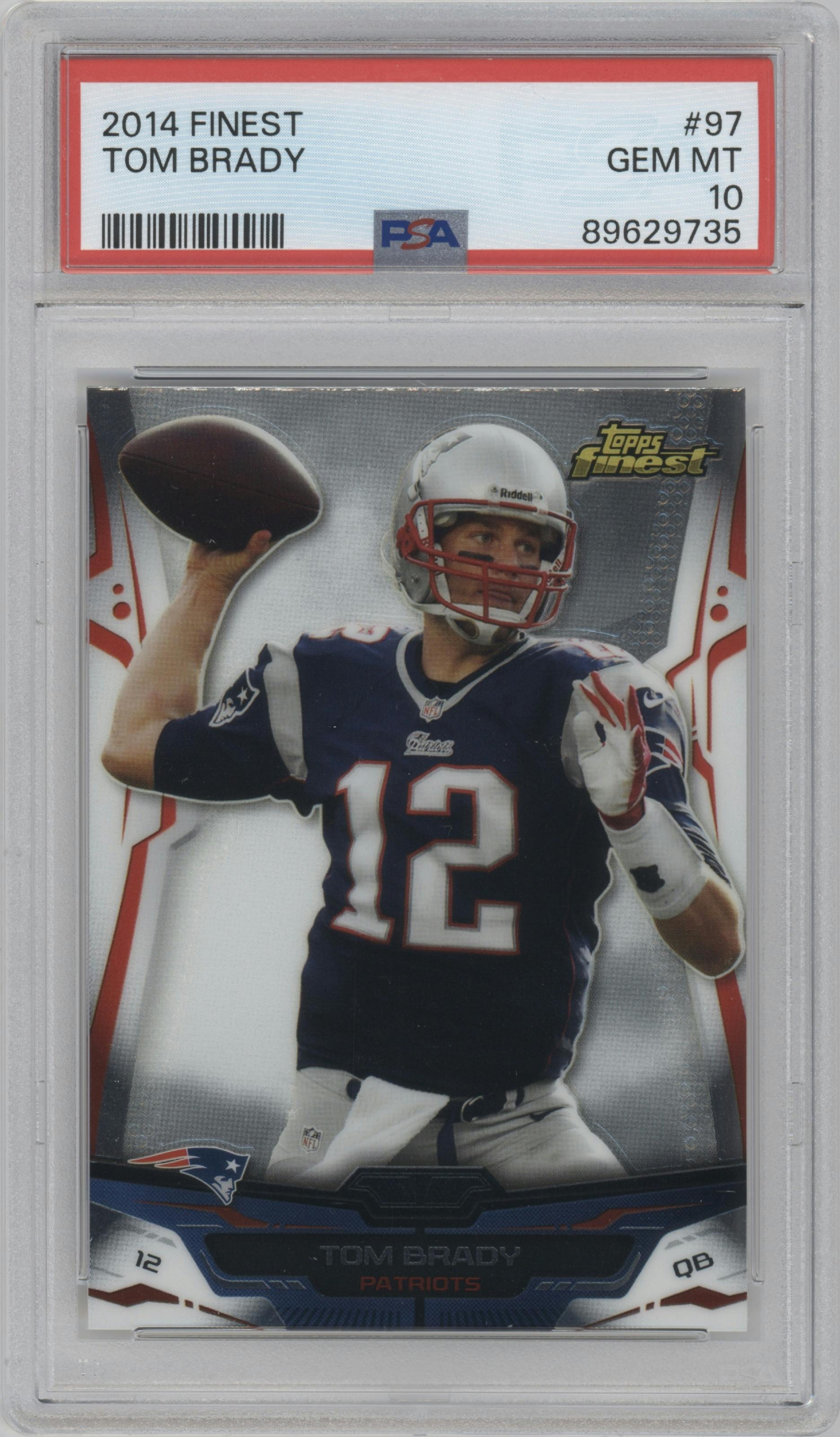 Tom Brady from the 2014 Topps Finest set graded by PSA and given an overall grade of 10.