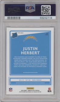 Justin Herbert from the 2020 Panini Donruss Optic set featuring a Holo parallel graded by PSA and given an overall grade of 9.