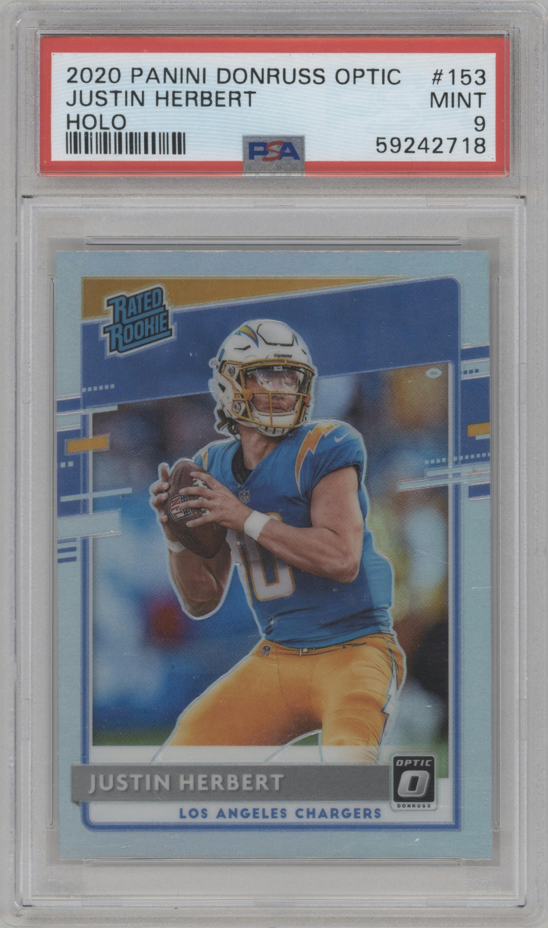 Justin Herbert from the 2020 Panini Donruss Optic set featuring a Holo parallel graded by PSA and given an overall grade of 9.