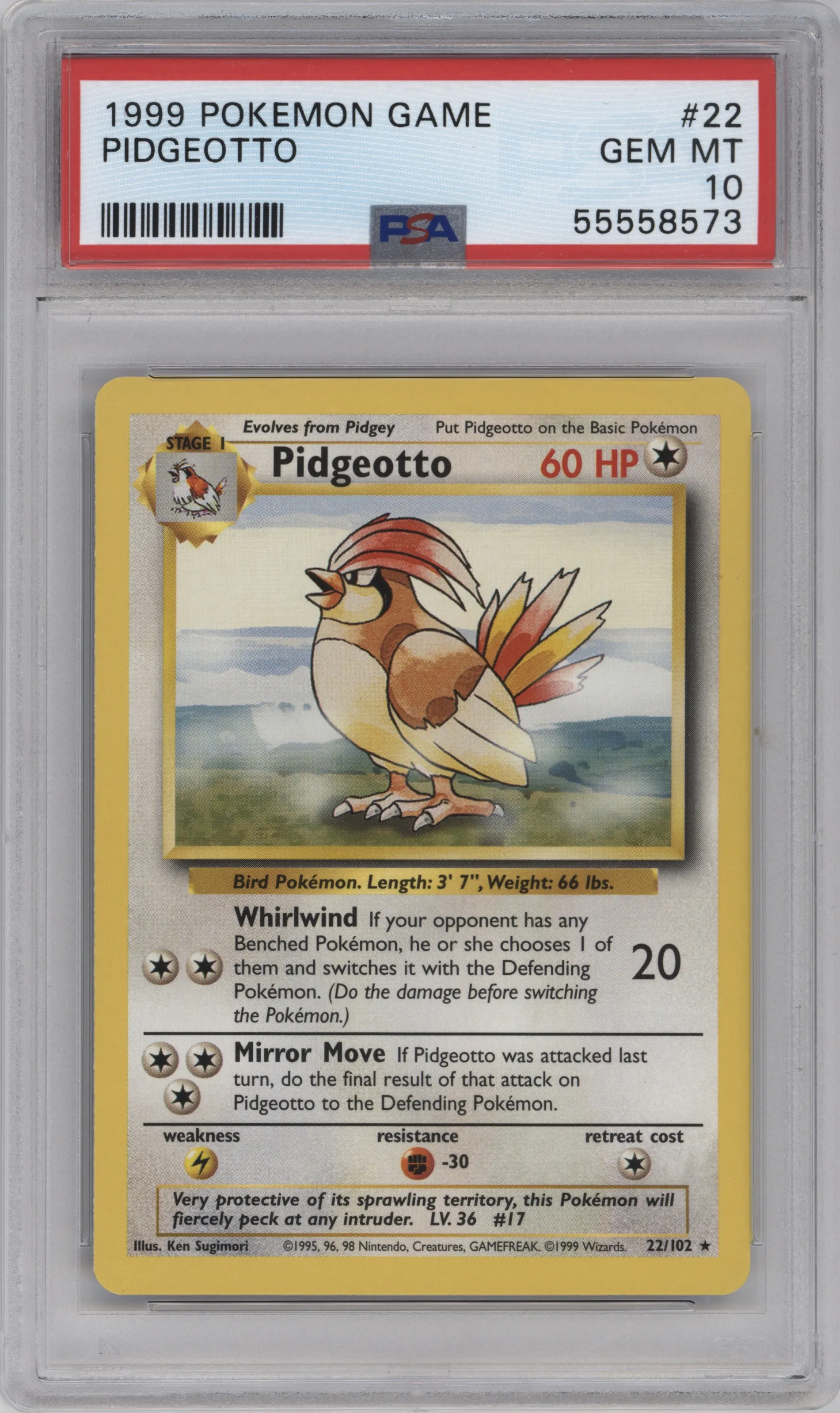 Pidgeotto from the 1999 Pokemon set graded by PSA and given an overall grade of 10.