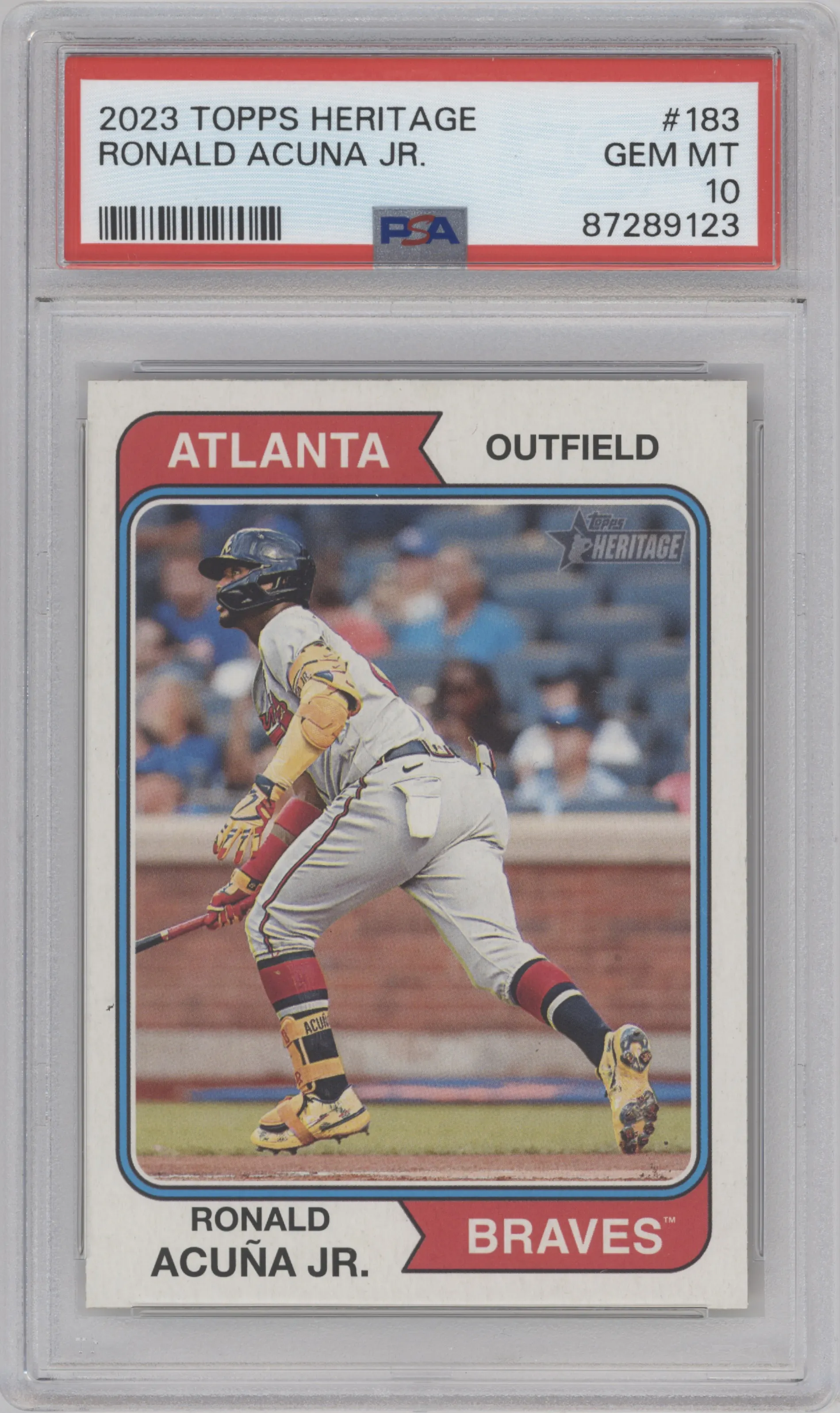 Ronald Acuna Jr. from the 2023 Topps Heritage set graded by PSA and given an overall grade of 10.