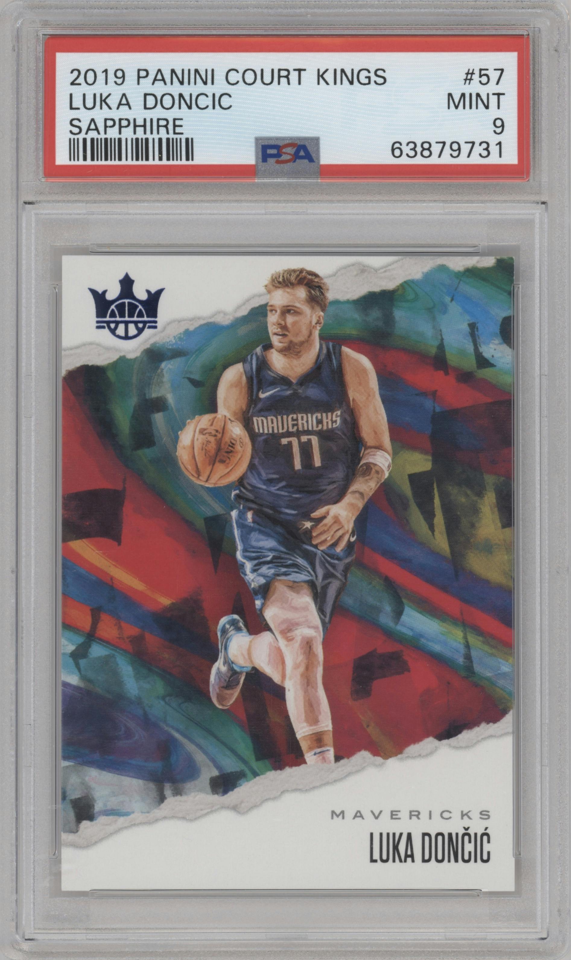 Luka Doncic from the 2019-20 Panini Court Kings set featuring a Sapphire parallel graded by PSA and given an overall grade of 9.