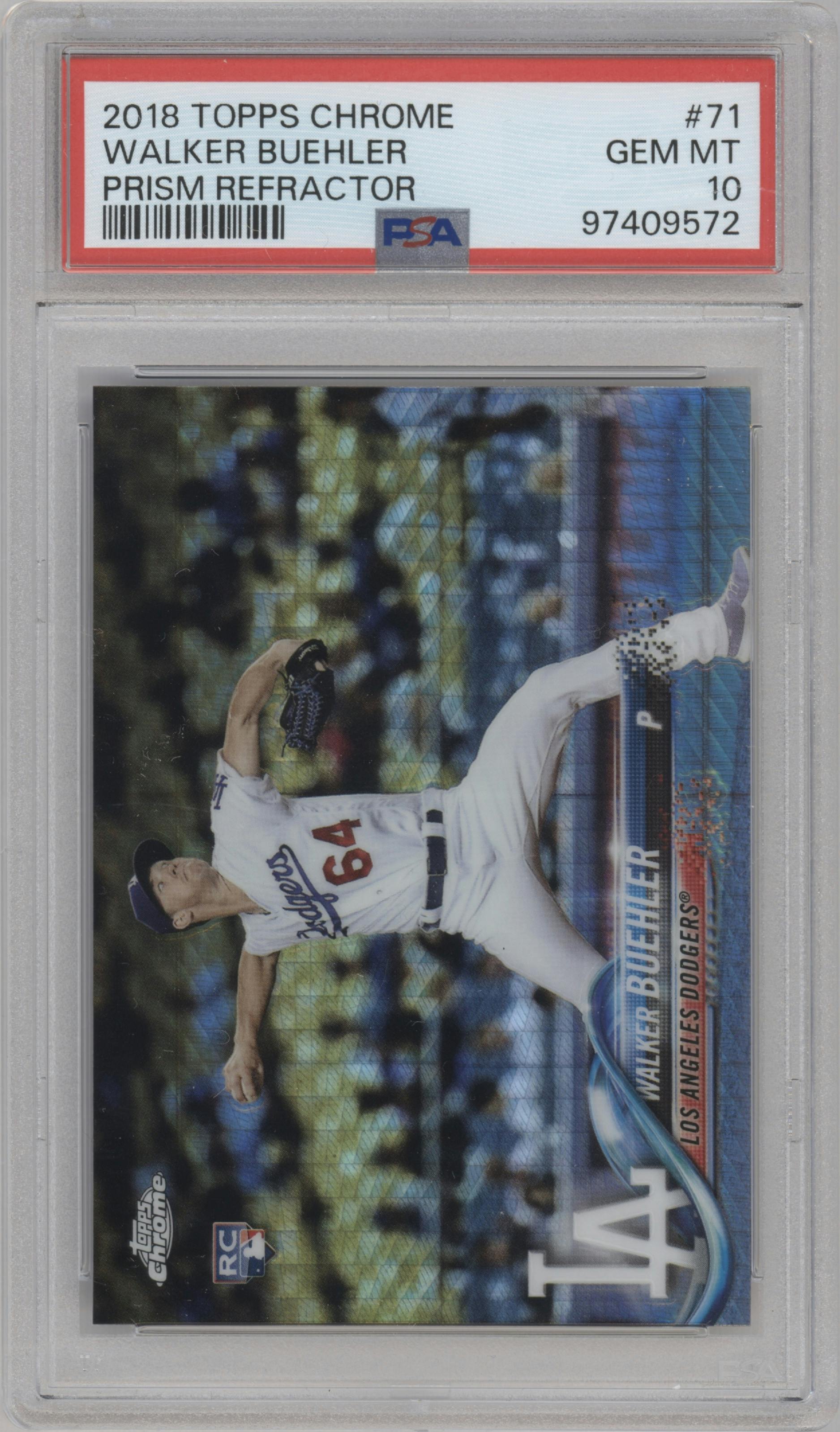Walker Buehler from the 2018 Topps Chrome set featuring a Prism Refractor parallel graded by PSA and given an overall grade of 10.