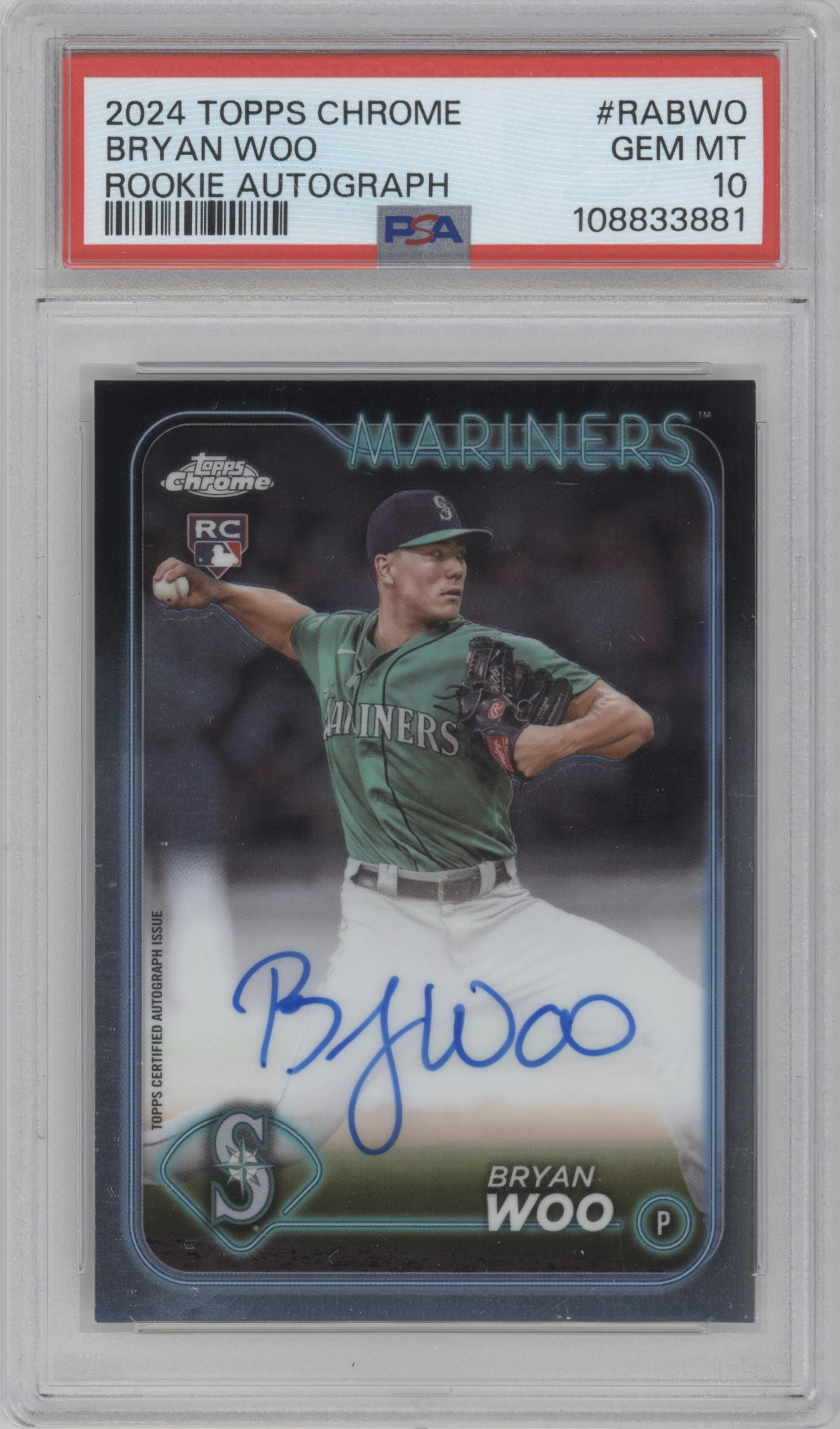 Bryan Woo from the 2024 Topps Chrome set graded by PSA and given an overall grade of 10.