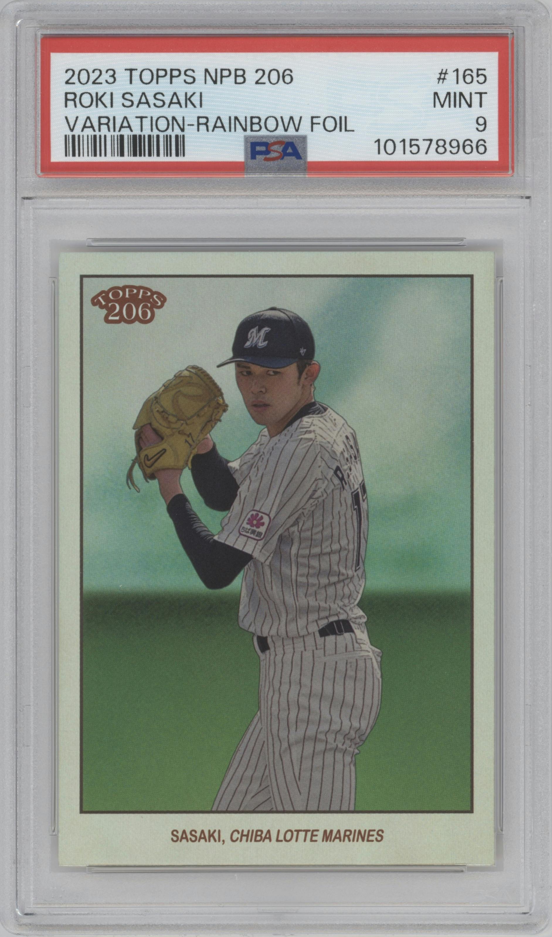 Roki Sasaki from the 2023 Topps NPB 206 set featuring a Rainbow Foil parallel graded by PSA and given an overall grade of 9.