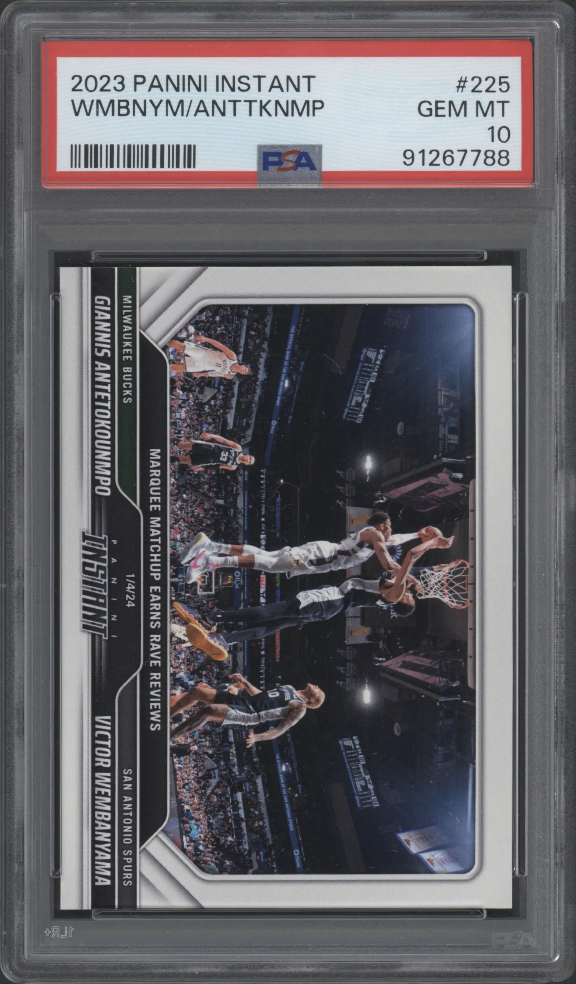 Giannis Antetokounmpo/Victor Wembanyama from the 2023-24 Panini Instant NBA set graded by PSA and given an overall grade of 10.