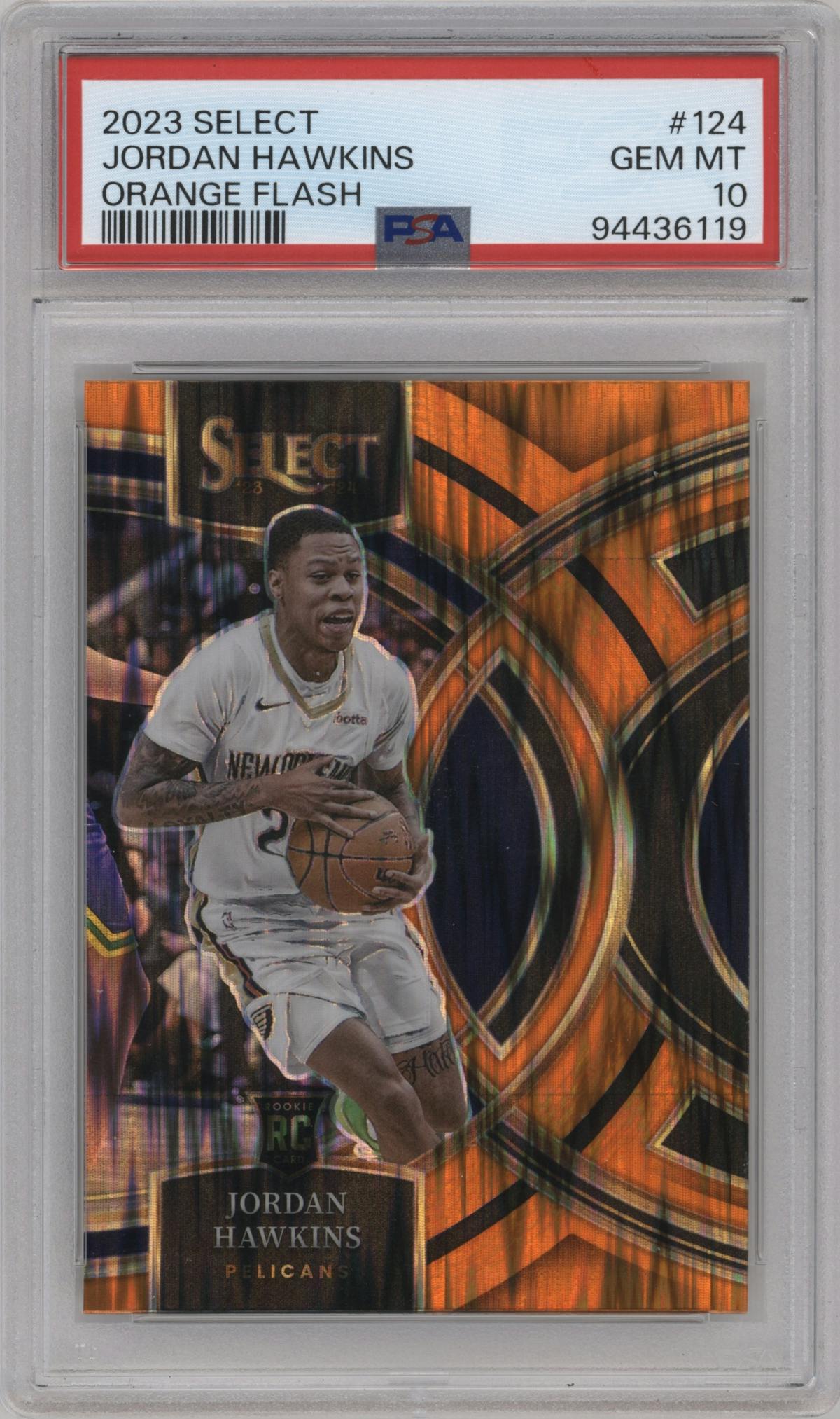 Jordan Hawkins from the 2023-24 Panini Select  set featuring a Orange Flash parallel graded by PSA and given an overall grade of 10.