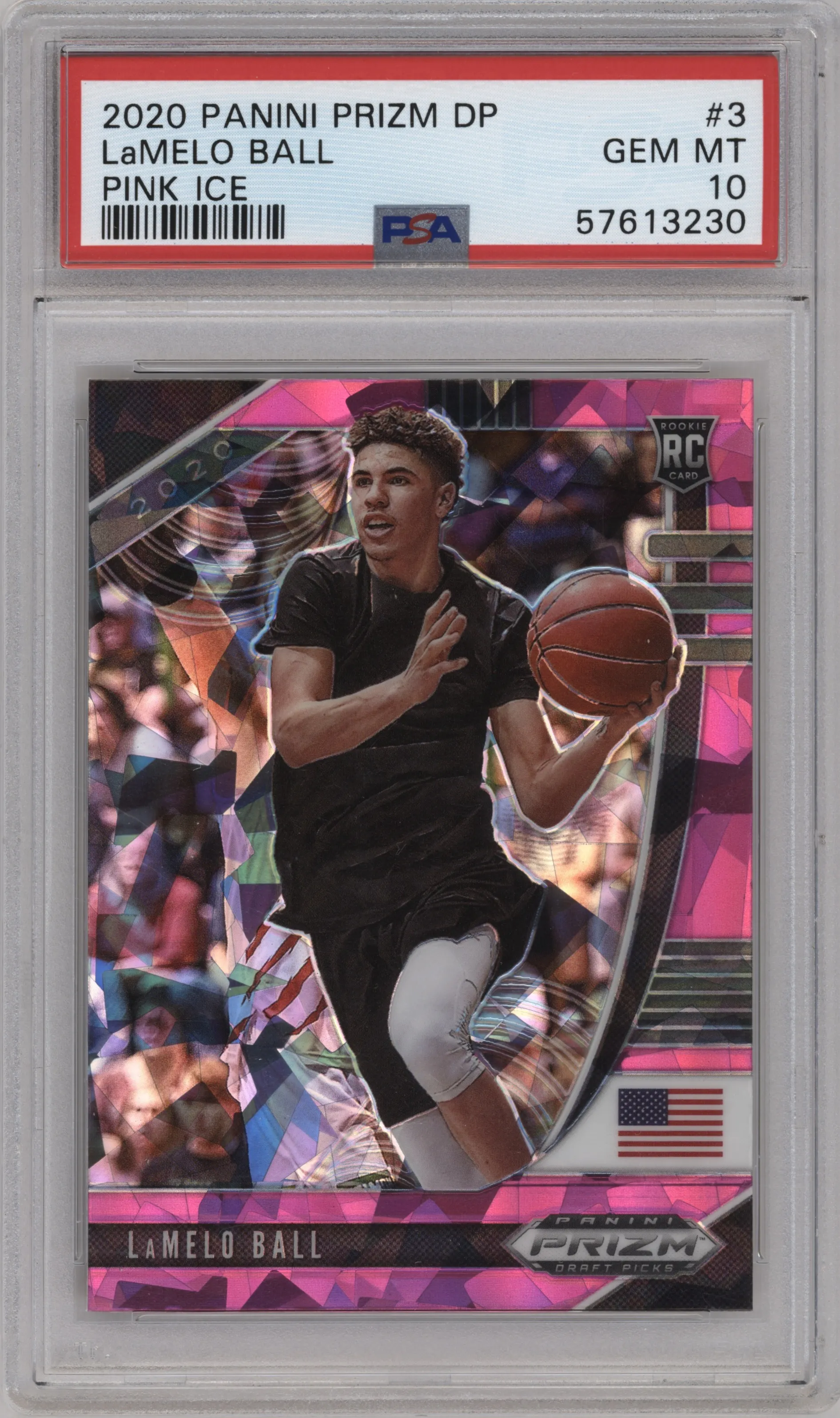 LaMelo Ball from the 2020-21 Panini Prizm Draft Picks set featuring a Pink Ice parallel graded by PSA and given an overall grade of 10.