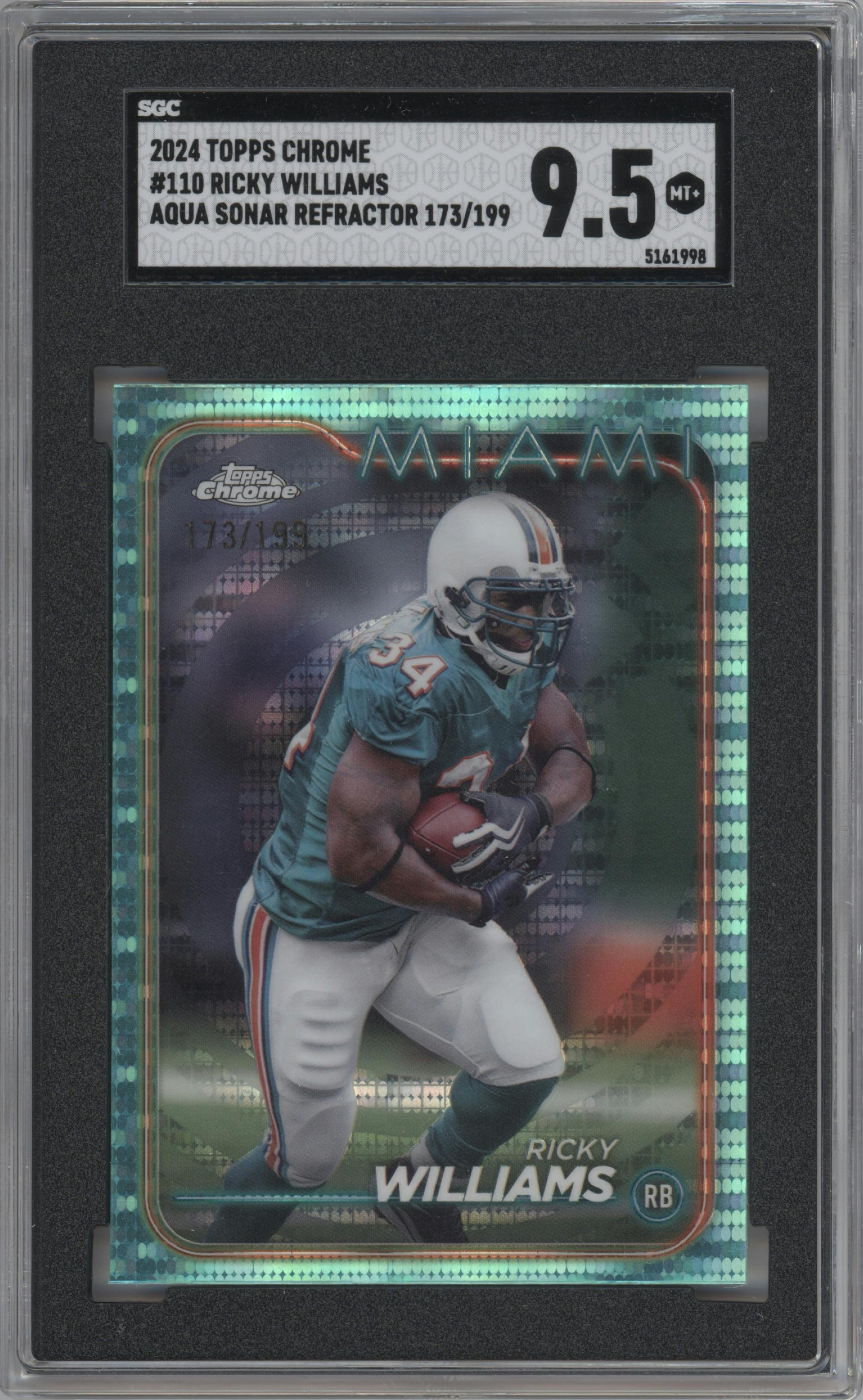 Ricky Williams from the 2024 Topps Chrome set featuring a Aqua Sonar Refractor parallel graded by SGC and given an overall grade of 9.5.