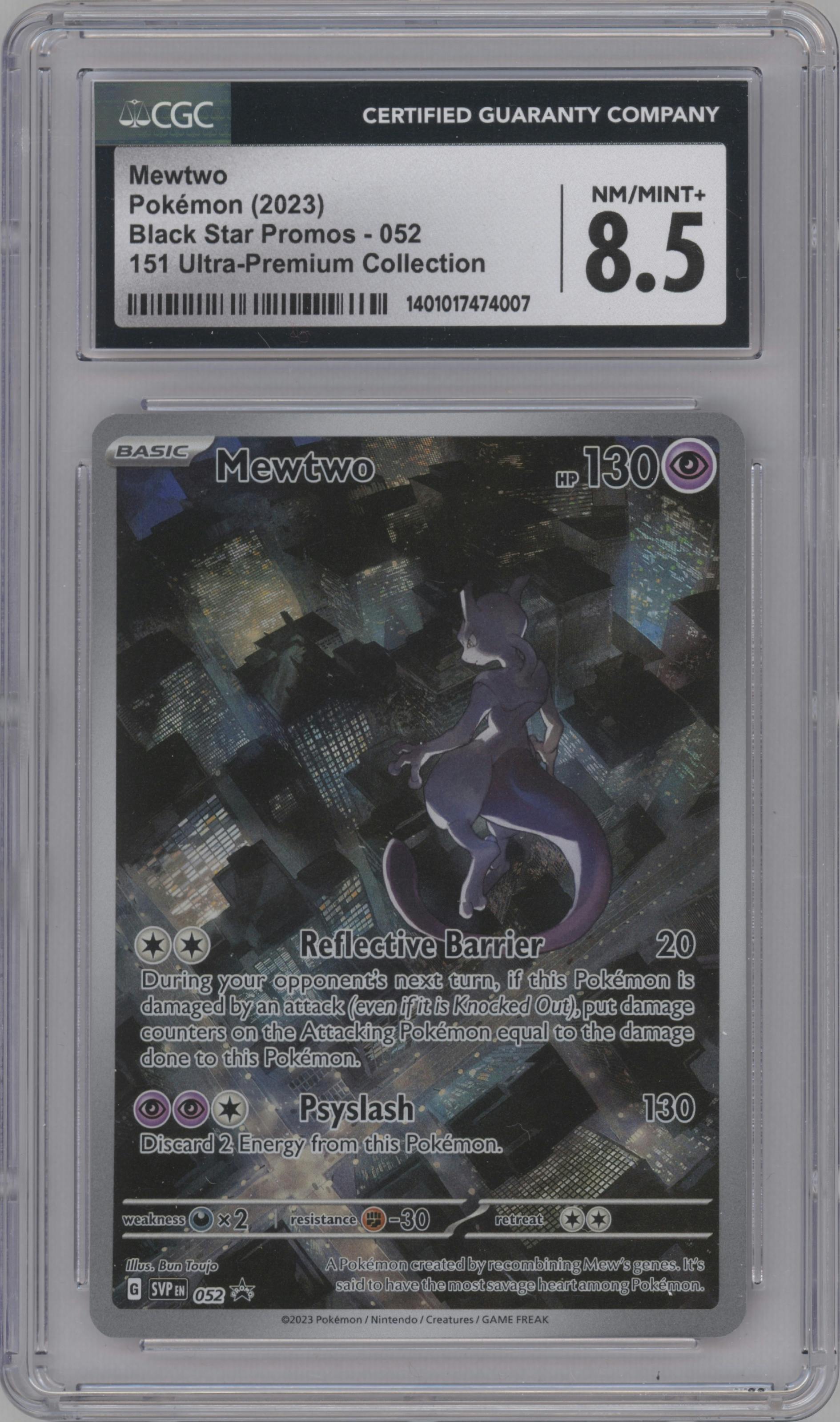 Mewtwo from the 2023 Pokemon SV set featuring a Ultra Premium Collection parallel graded by CSG and given an overall grade of 8.5.