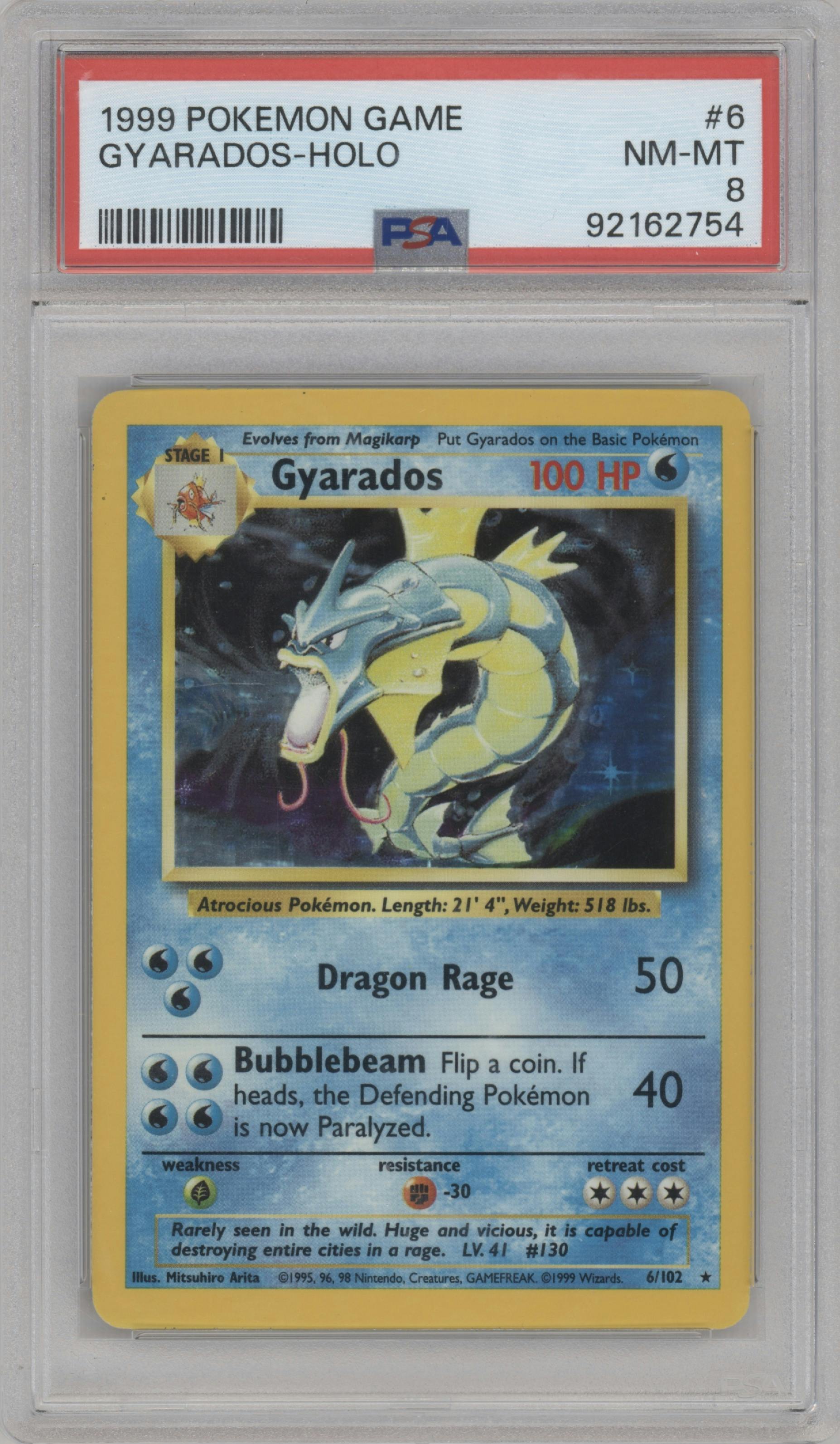 Gyarados from the 1999 Pokemon set graded by PSA and given an overall grade of 8.