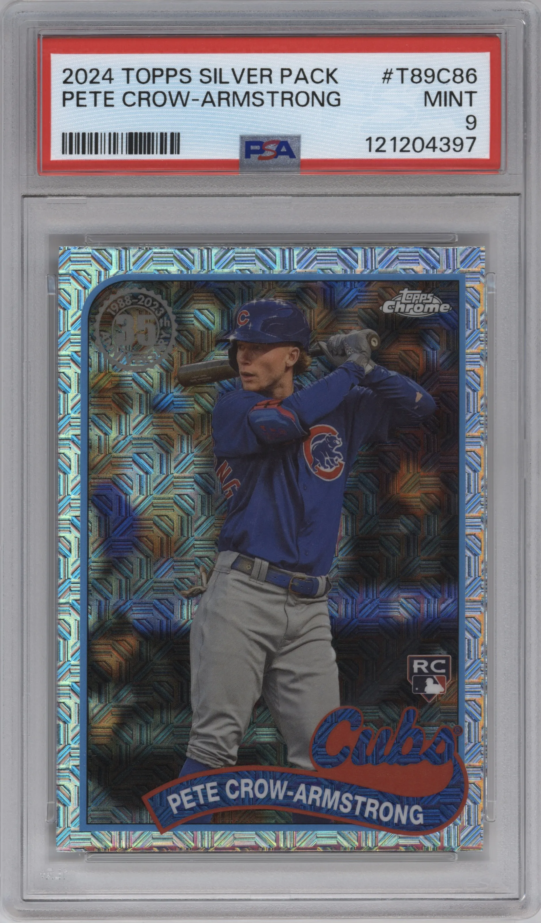 Pete Crow-Armstrong from the 2024 Topps Series 1 Silver Pack set graded by PSA and given an overall grade of 9.
