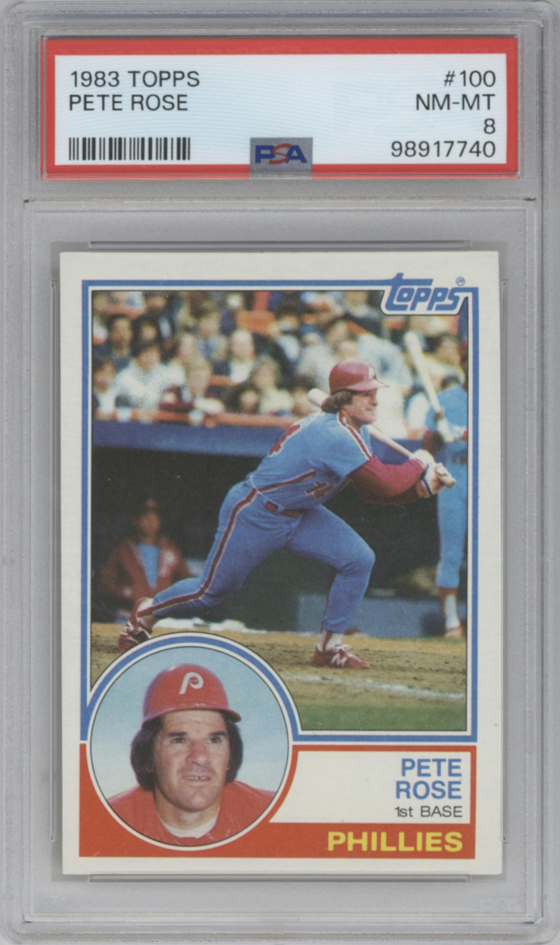 Pete Rose from the 1983 Topps set graded by PSA and given an overall grade of 8.