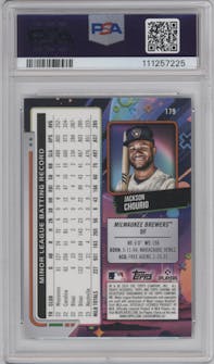 Jackson Chourio from the 2024 Topps Cosmic Chrome set featuring a Aqua Equinox Refractor parallel graded by PSA and given an overall grade of 10.