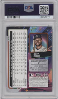 Jackson Chourio from the 2024 Topps Cosmic Chrome set featuring a Aqua Equinox Refractor parallel graded by PSA and given an overall grade of 10.