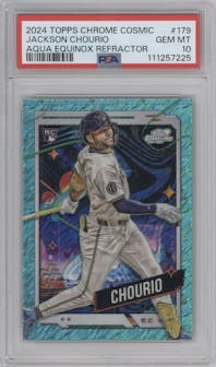 Jackson Chourio from the 2024 Topps Cosmic Chrome set featuring a Aqua Equinox Refractor parallel graded by PSA and given an overall grade of 10.