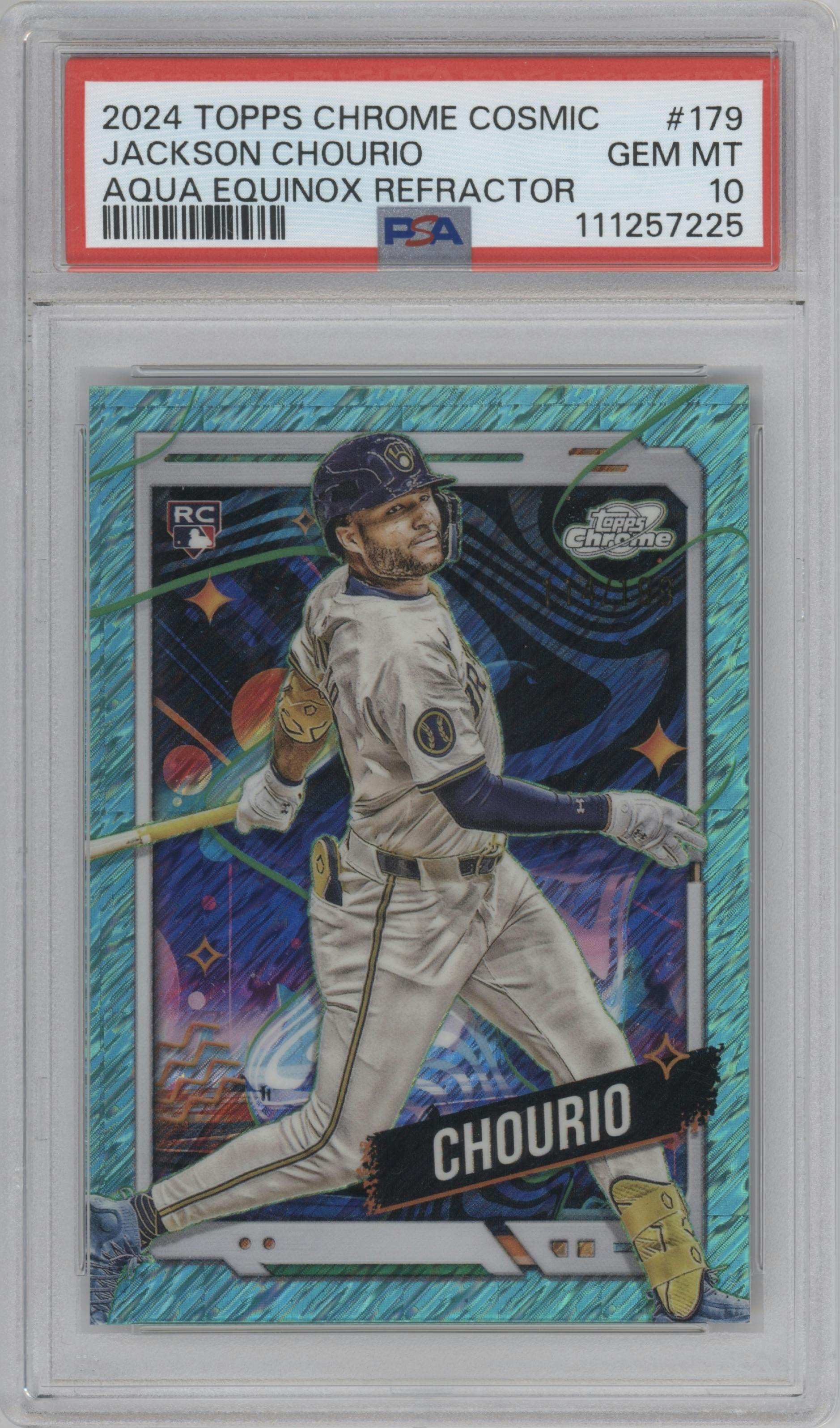 Jackson Chourio from the 2024 Topps Cosmic Chrome set featuring a Aqua Equinox Refractor parallel graded by PSA and given an overall grade of 10.