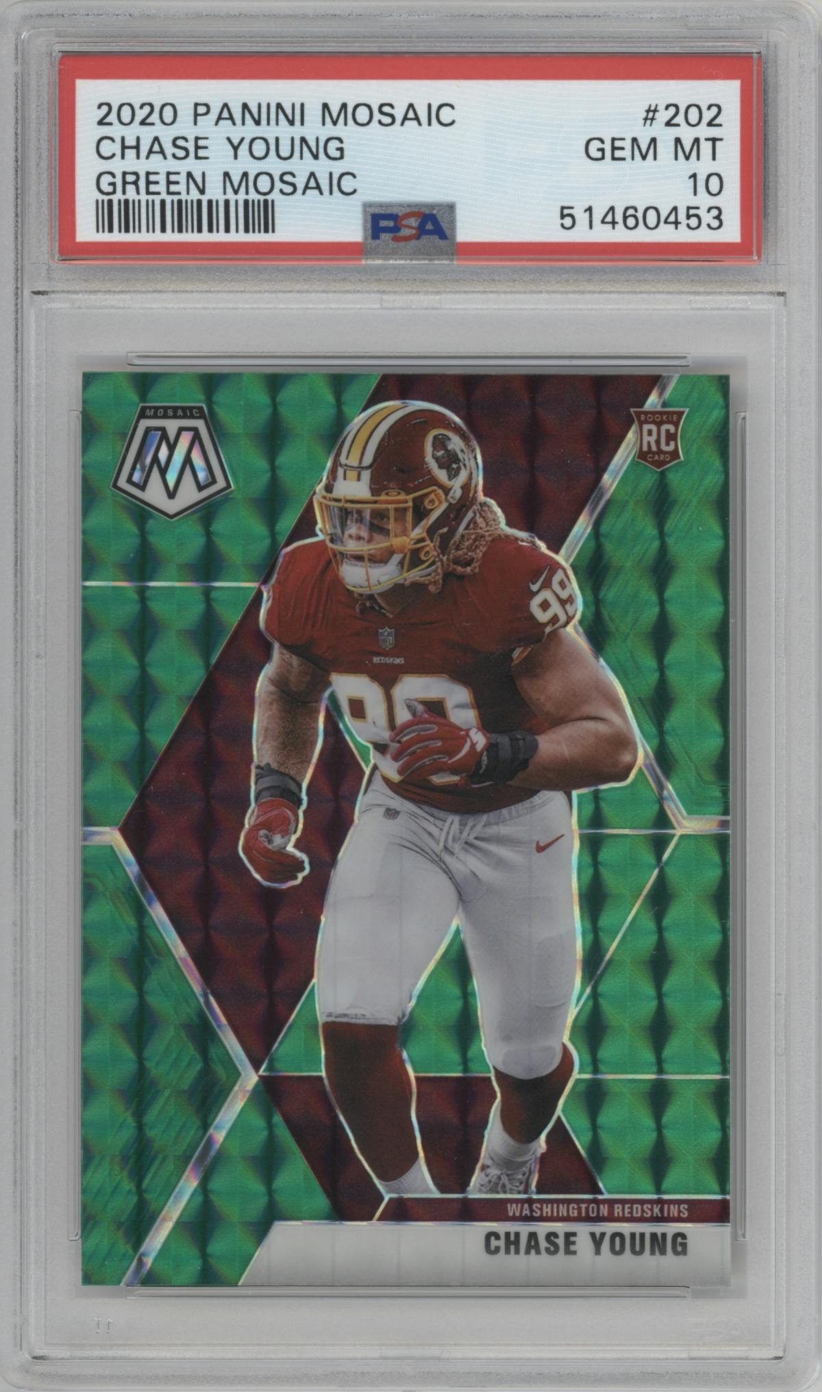 Chase Young from the 2020 Panini Mosaic set featuring a Green Mosaic parallel graded by PSA and given an overall grade of 10.
