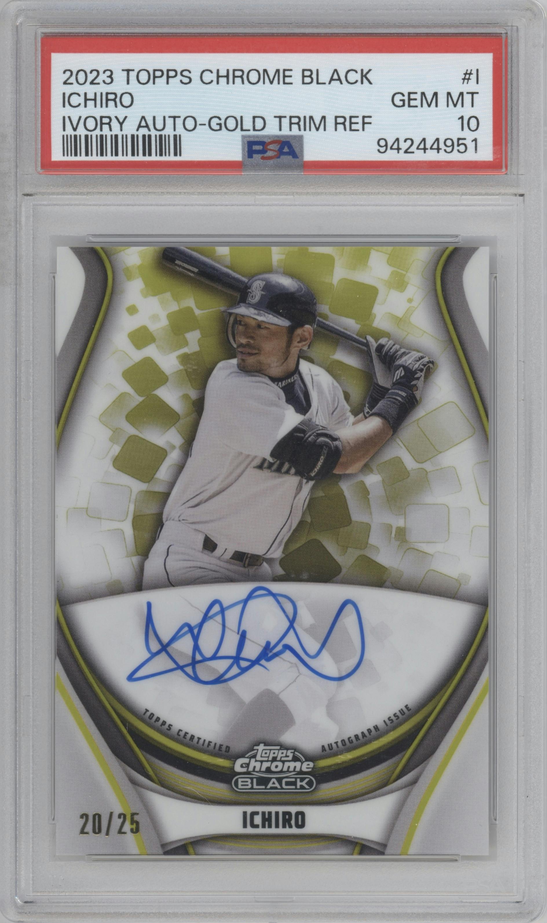 Ichiro from the 2023 Topps Chrome Black set featuring a Gold Trim Refractor parallel graded by PSA and given an overall grade of 10.
