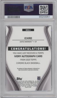 Ichiro from the 2023 Topps Chrome Black set featuring a Gold Trim Refractor parallel graded by PSA and given an overall grade of 10.
