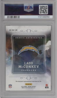 Ladd McConkey from the 2024 Panini Origins set featuring a Blue parallel graded by PSA and given an overall grade of 8.