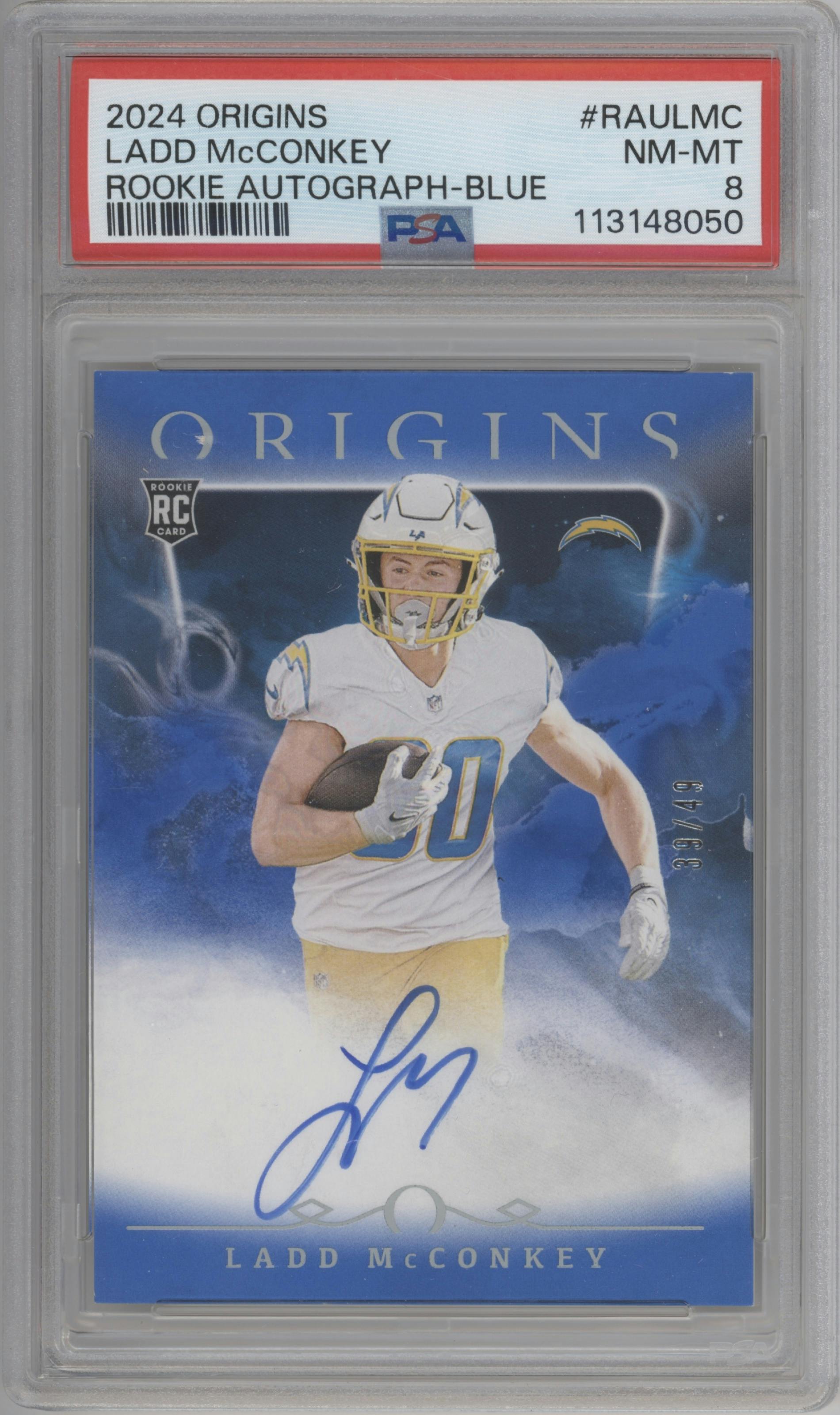 Ladd McConkey from the 2024 Panini Origins set featuring a Blue parallel graded by PSA and given an overall grade of 8.