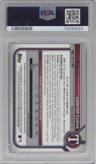 Danyer Cueva from the 2022 Bowman Chrome set featuring a Gold Refractor parallel graded by PSA and given an overall grade of 10.