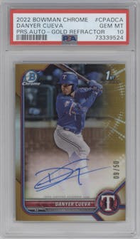 Danyer Cueva from the 2022 Bowman Chrome set featuring a Gold Refractor parallel graded by PSA and given an overall grade of 10.