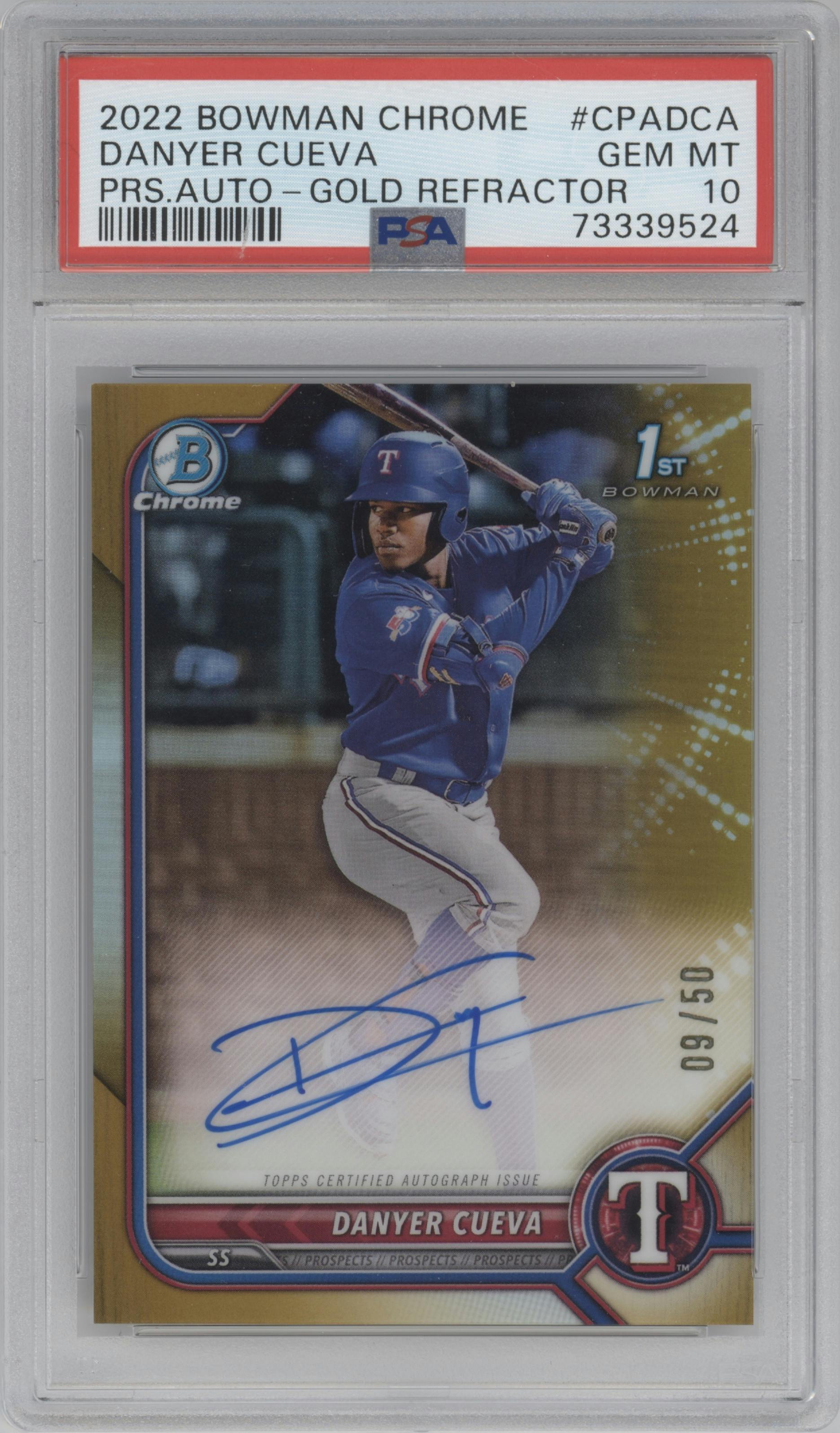 Danyer Cueva from the 2022 Bowman Chrome set featuring a Gold Refractor parallel graded by PSA and given an overall grade of 10.