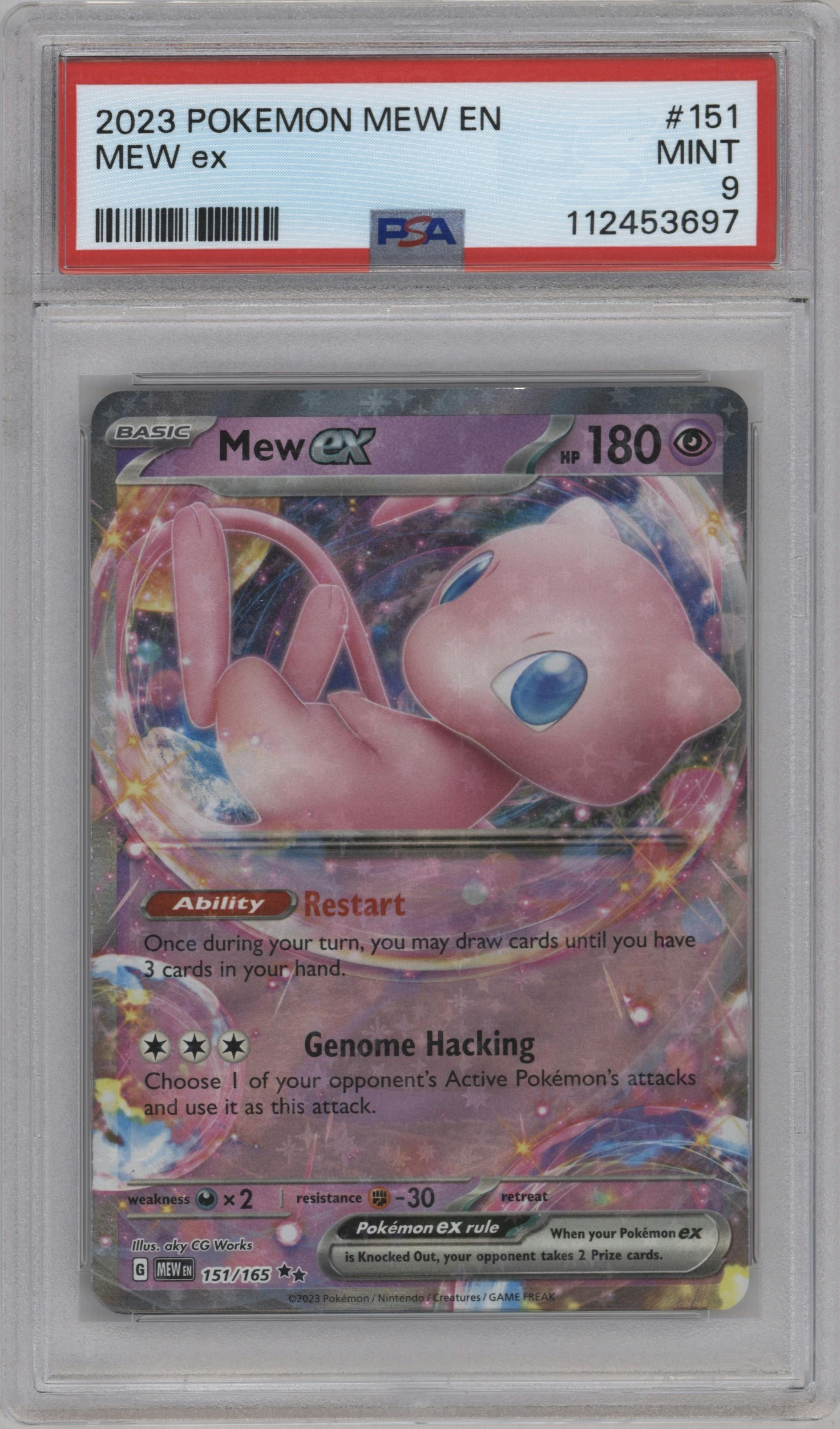 Mew ex from the 2023 Pokemon SV set graded by PSA and given an overall grade of 9.
