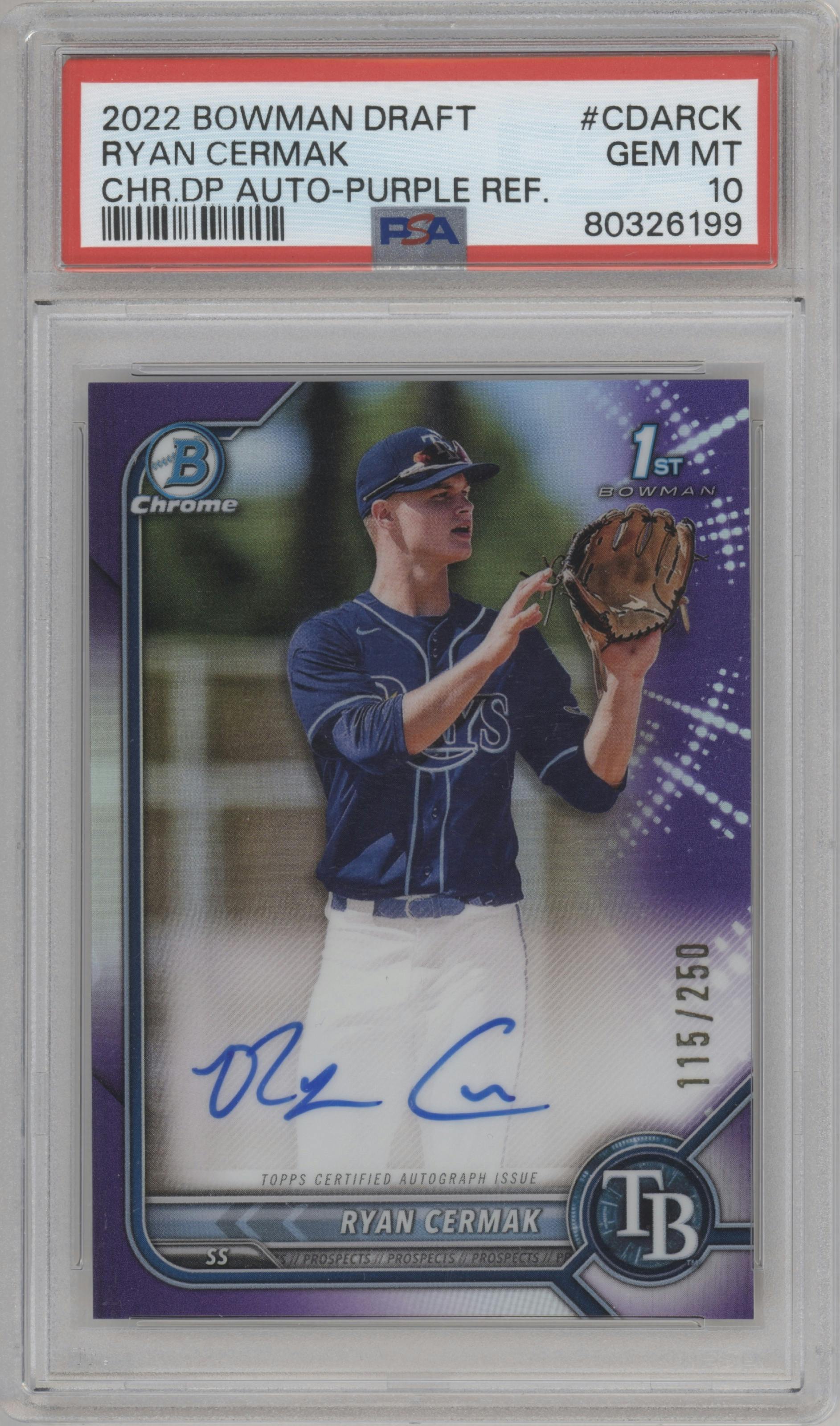 Ryan Cermak from the 2022 Bowman Draft set featuring a Purple Refractor parallel graded by PSA and given an overall grade of 10.