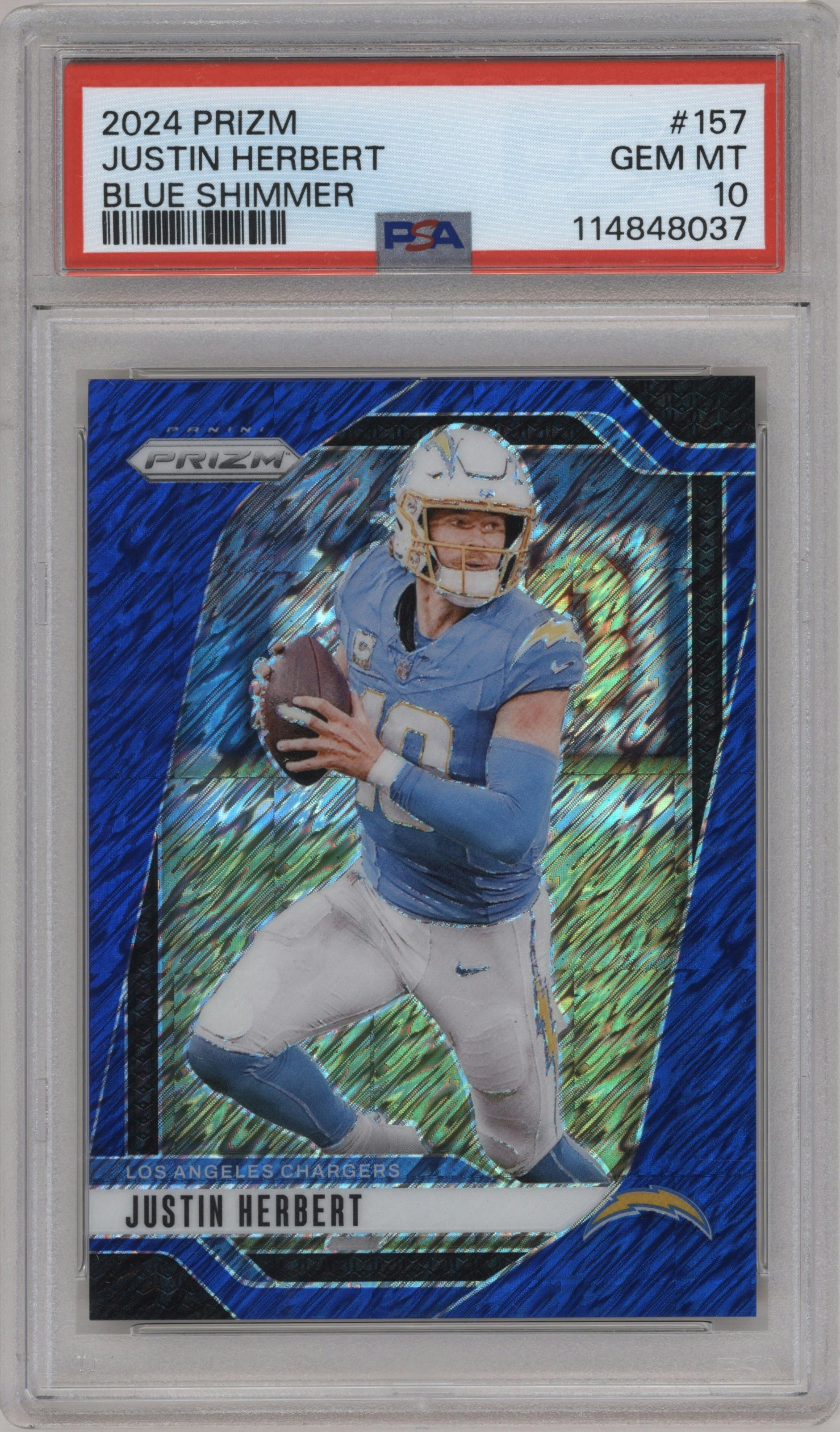 Justin Herbert from the 2024 Panini Prizm set featuring a Blue Shimmer parallel graded by PSA and given an overall grade of 10.