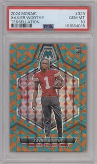 Xavier Worthy from the 2024 Panini Mosaic set featuring a Tessellation parallel graded by PSA and given an overall grade of 10.