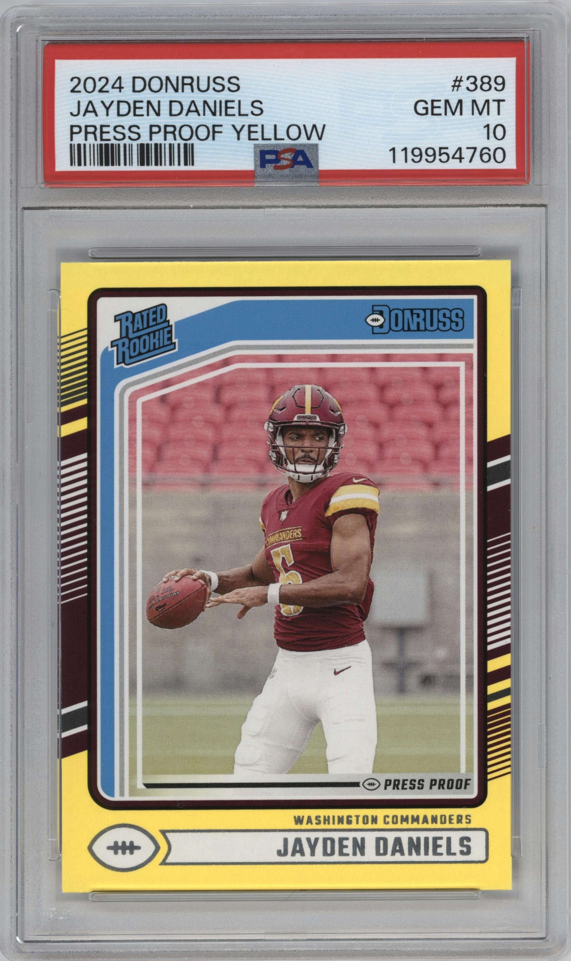 Jayden Daniels from the 2024 Donruss set featuring a Press Proof Yellow parallel graded by PSA and given an overall grade of 10.