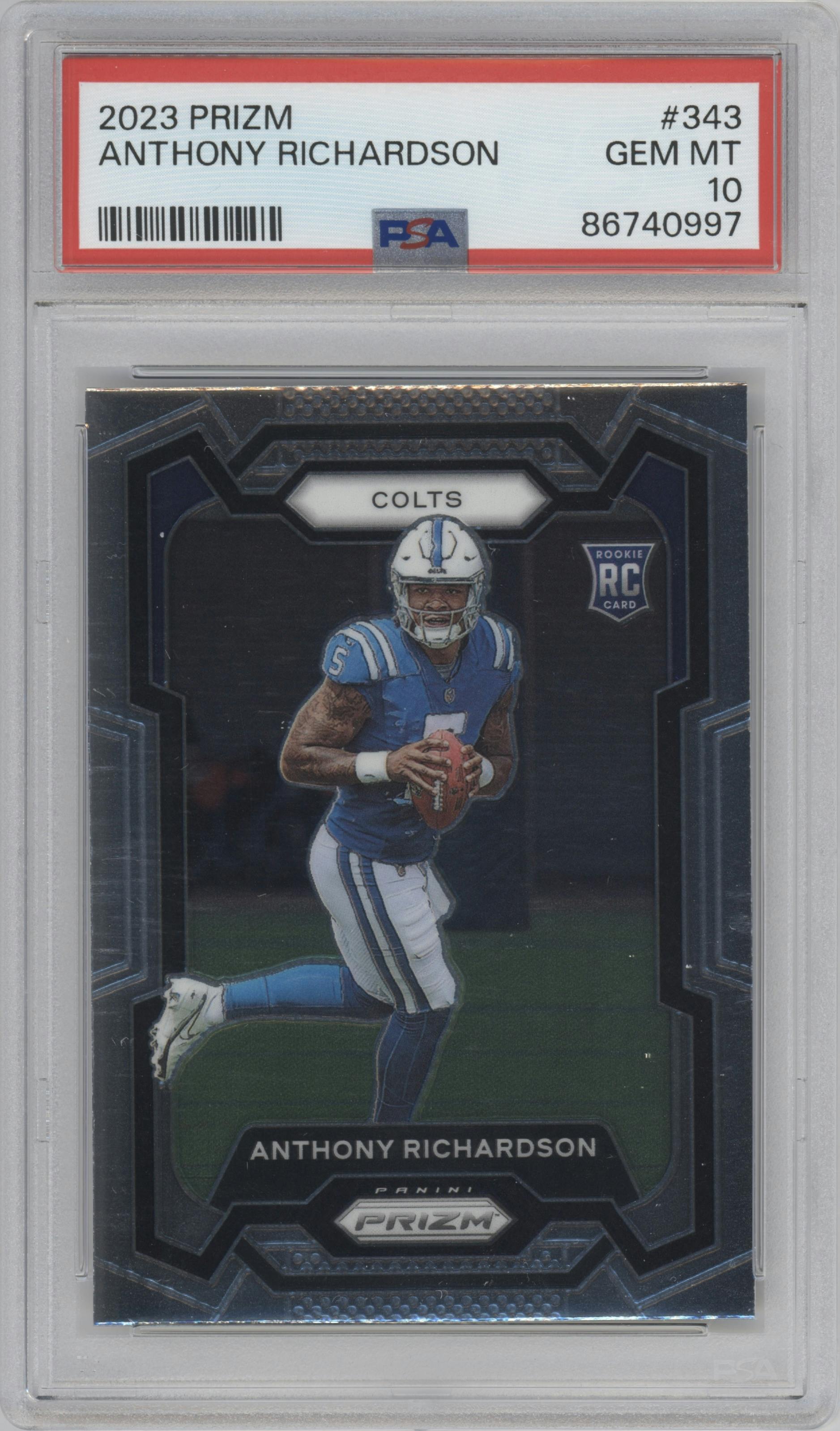 Anthony Richardson from the 2023 Panini Prizm set graded by PSA and given an overall grade of 10.